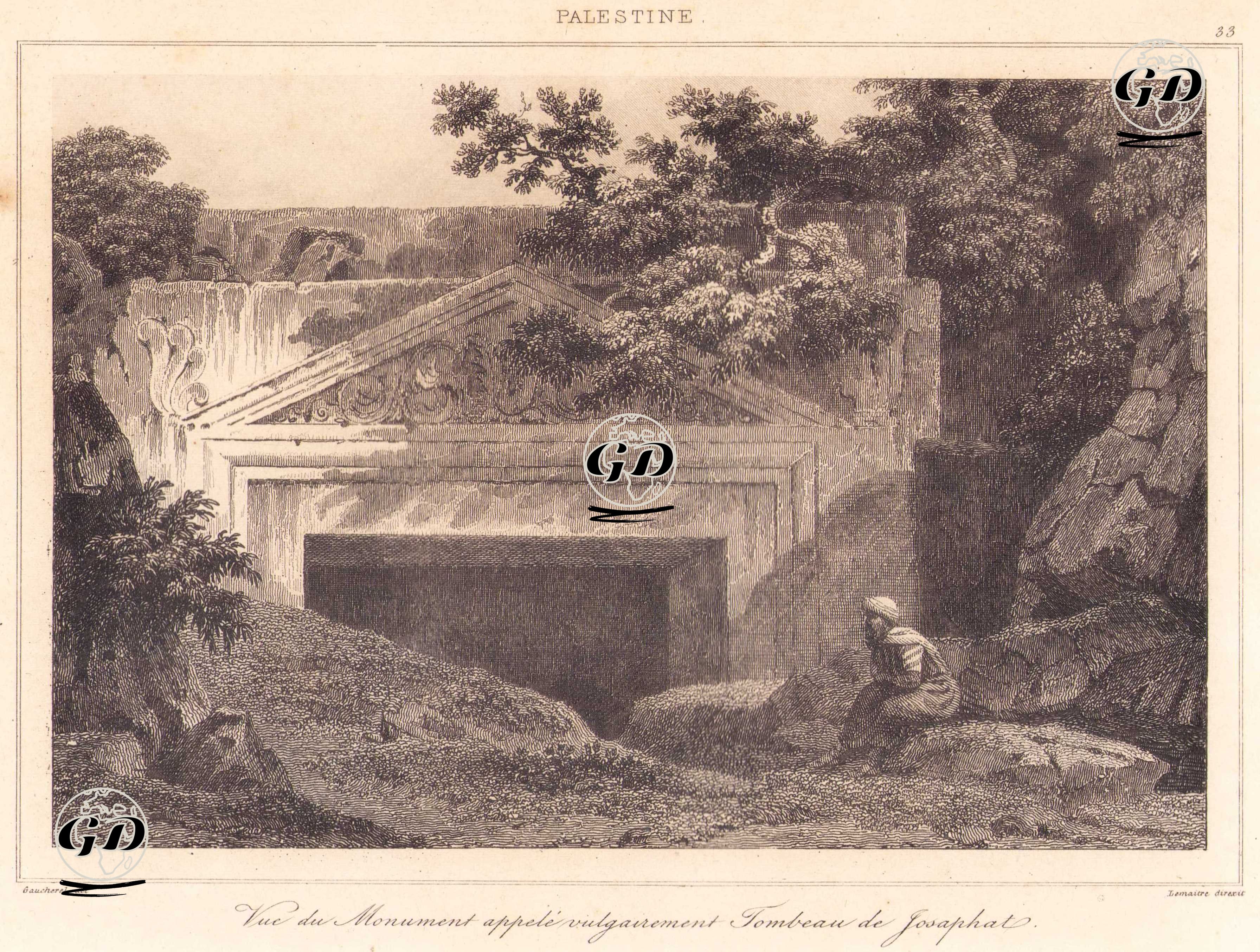Palestine - Vue du Monument appelé vulgairement Tombeau de Josaphat (Plate 33) (View of the Monument Commonly Known as the Tomb of Jehoshaphat) - Leon Gaucherel (1816-1886) - 1845