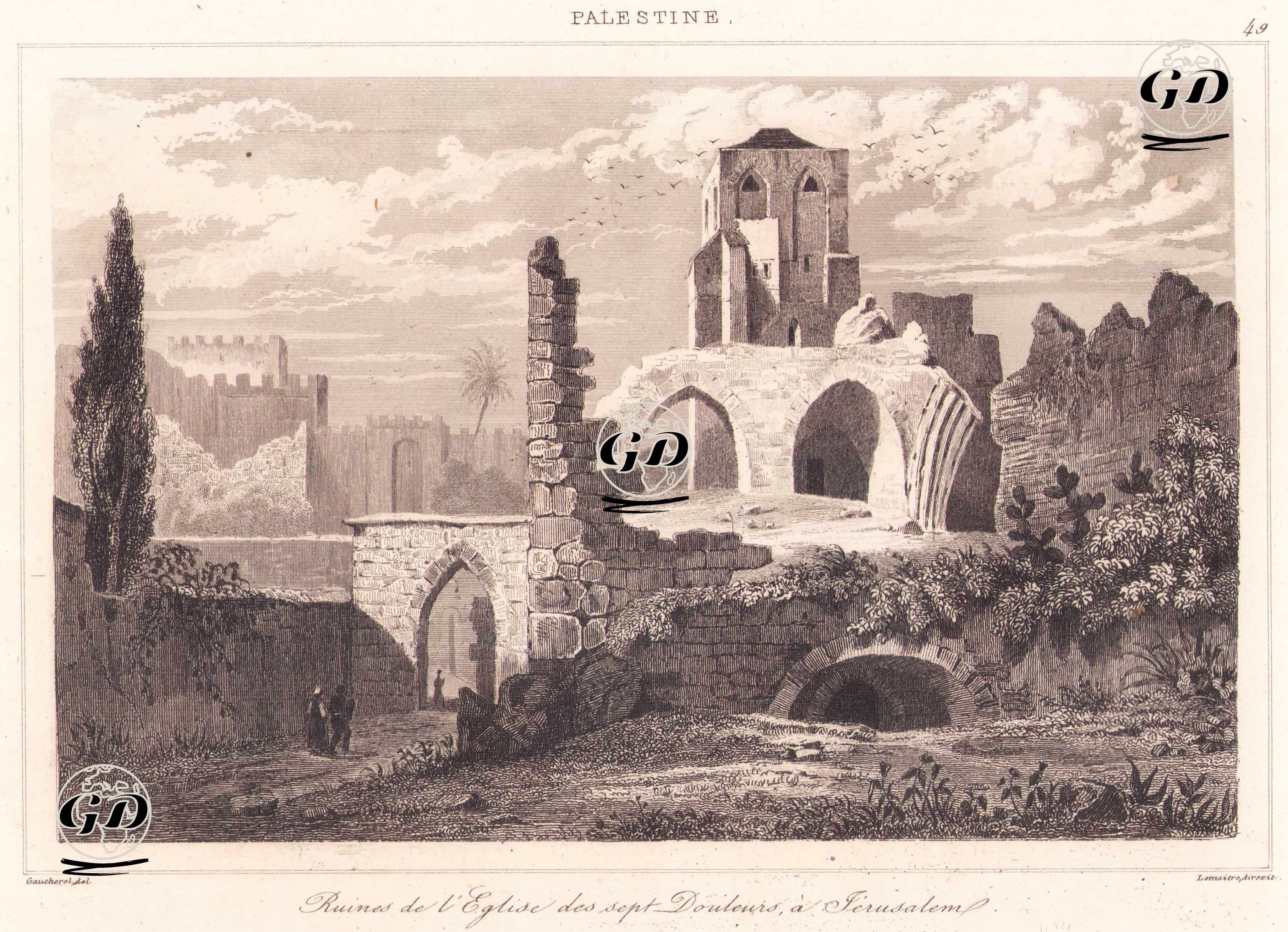 Filistin - Kudüs’te Yedi Acılar Kilisesi Kalıntıları (Plate 49) - Leon Gaucherel (1816-1886) - 1845