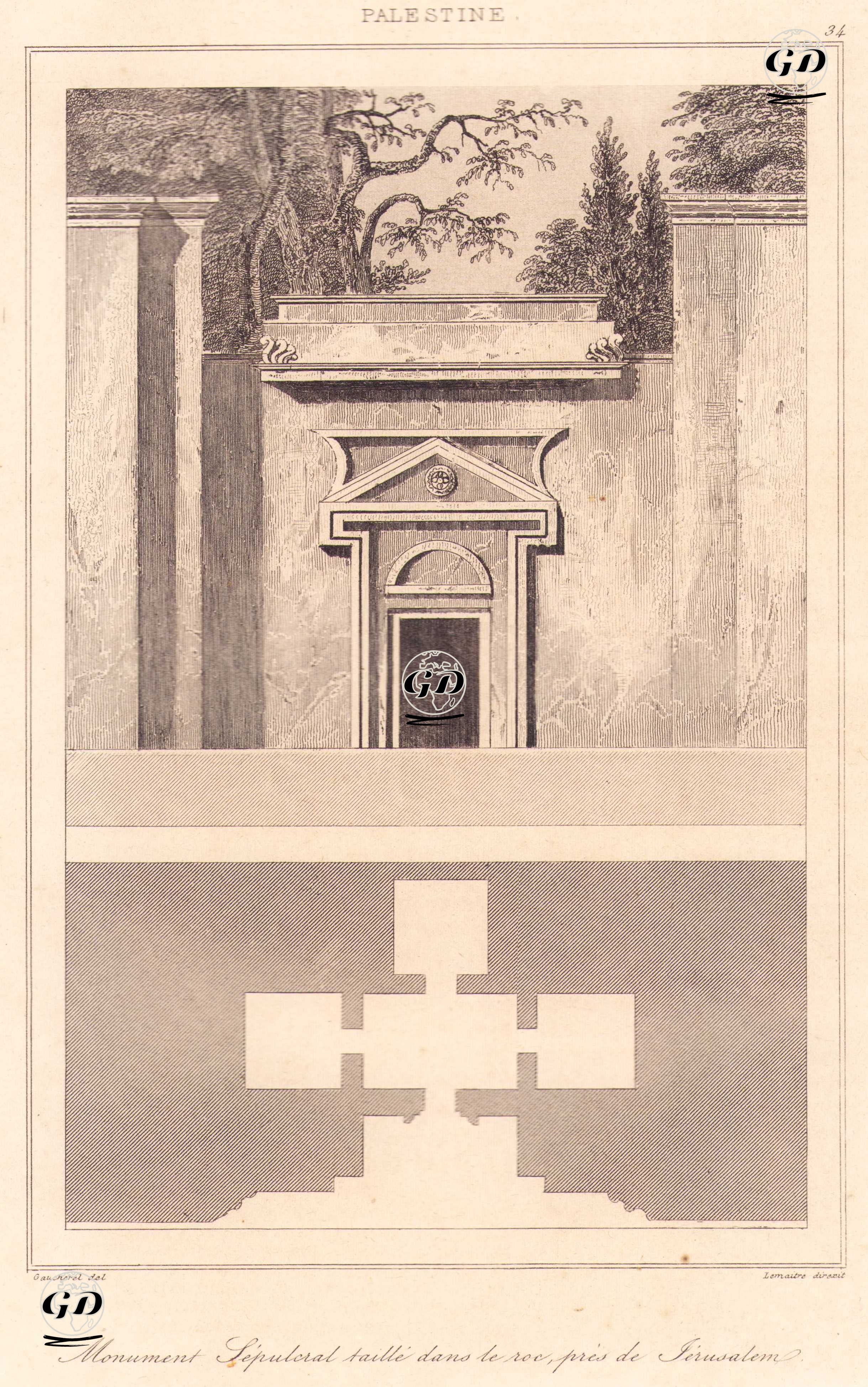 Filistin - Kudüs Yakınlarında Kayaya Oyulmuş Bir Mezar Anıtı (Plate 34) - Leon Gaucherel (1816-1886) - 1845