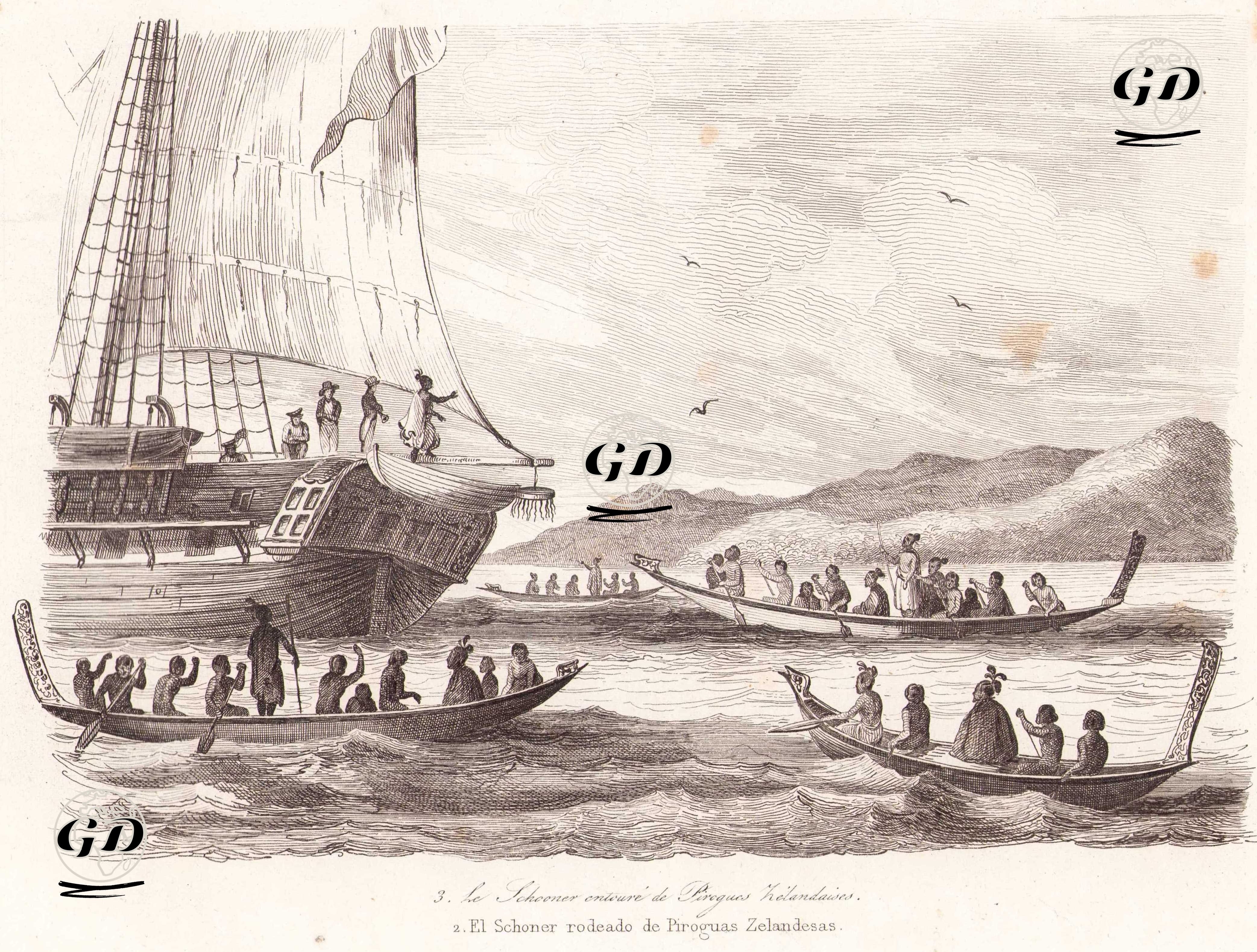 Le Schooner Entoure de Pirogues Zelandaises - El Schooner Rodeado de Piraguas Zelandesas (European Sailing Ship Surrounded by New Zealand (Maori) Boats) - Louis Auguste de Sainson (1800-1874) - 1836