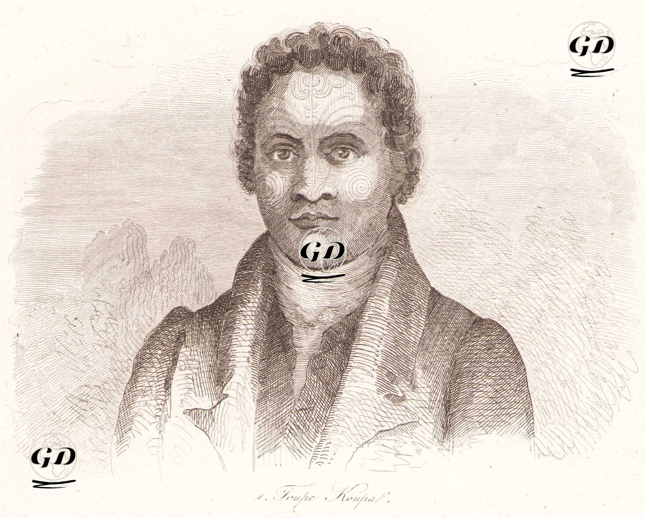 Toupe Koupa (A Maori Man's Face Completely Covered in Moko) - Louis Auguste de Sainson (1800-1874) - 1836