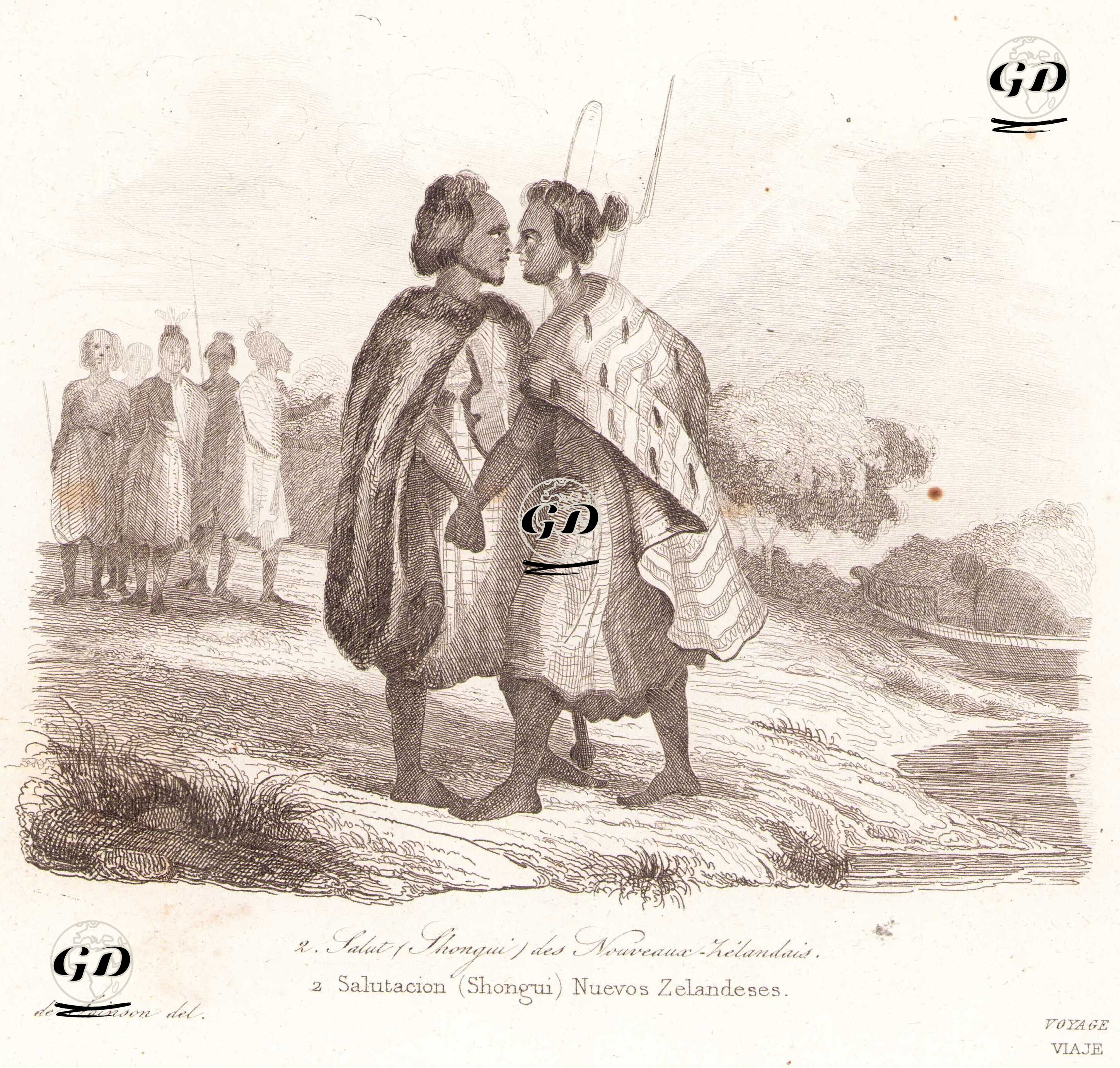 Salut (Shongui) des Nouveaux-Zelandais - Salutacion (Shomgui) Nuevos Zelandeses (Maori Greeting (Hongi - Nose Greeting)) - Louis Auguste de Sainson (1800-1874) - 1836