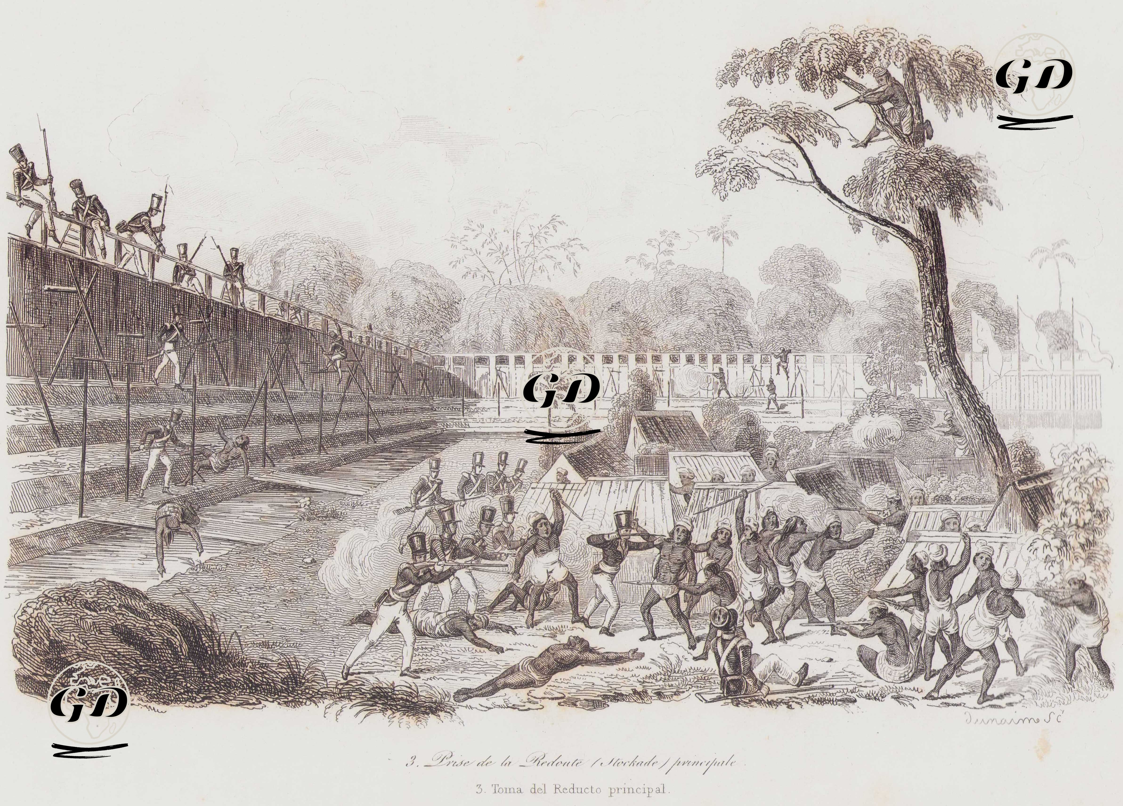 Prise de la Redoute (Stockade) Principale (Capture of the Main Fortress of Rangoon in Burma in the First Anglo-Burmese War) - Louis Auguste de Sainson (1800-1874) - 1834