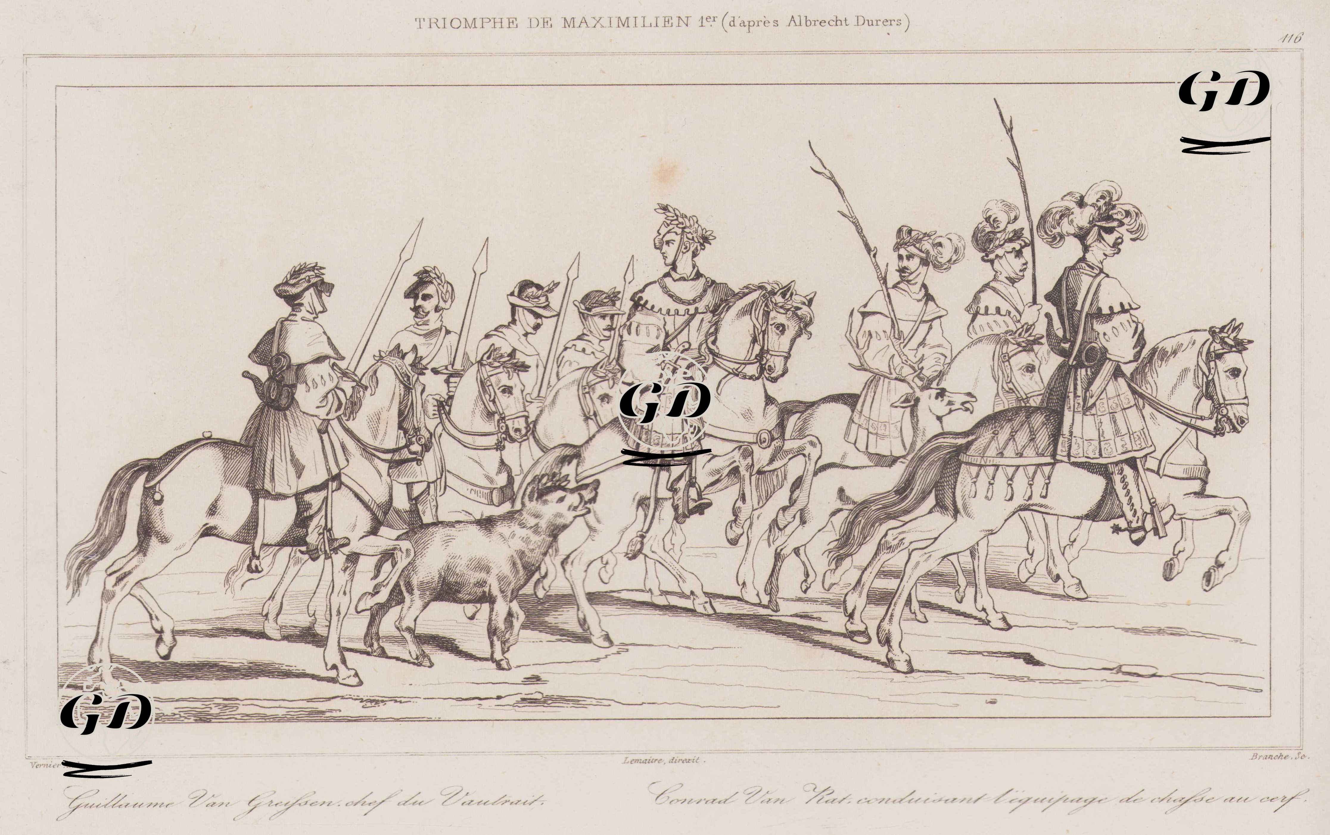 Maximilian I’in Zafer Alayı (Albrecht Dürer'den) - Yaban Domuzu Avı Ekibinin Şefi Guillaume Van Greissen ile Geyik Avı Ekibinin Şefi Conrad Van Rat - Vernier - After Albrecht Dürer - 1839