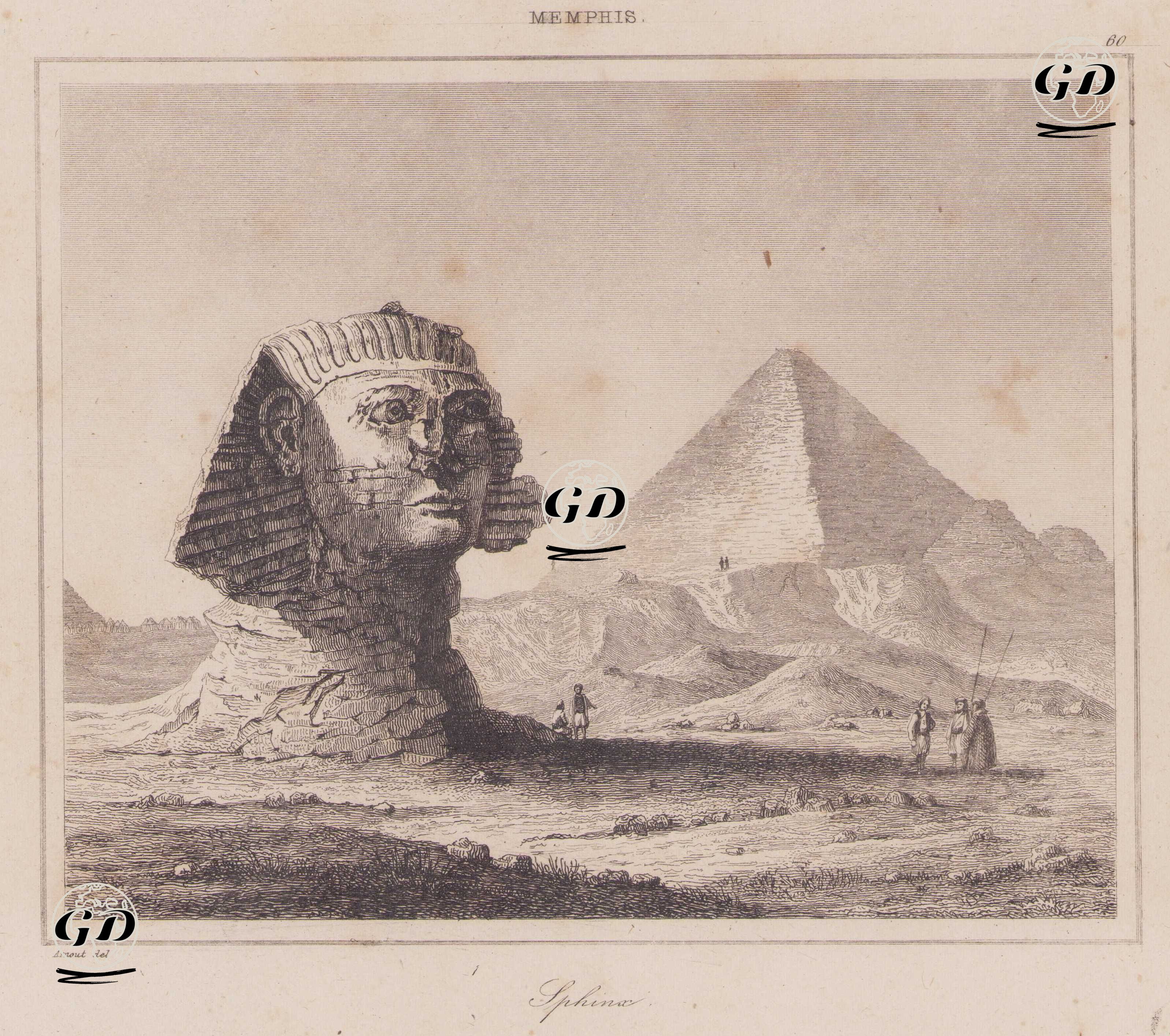 Sphinx, Memphis (The Great Sphinx of Giza and the Pyramid of Khafre (Kefren), Ancient Egypt) - Jean Baptiste Arnout (1788-1865) - 1839