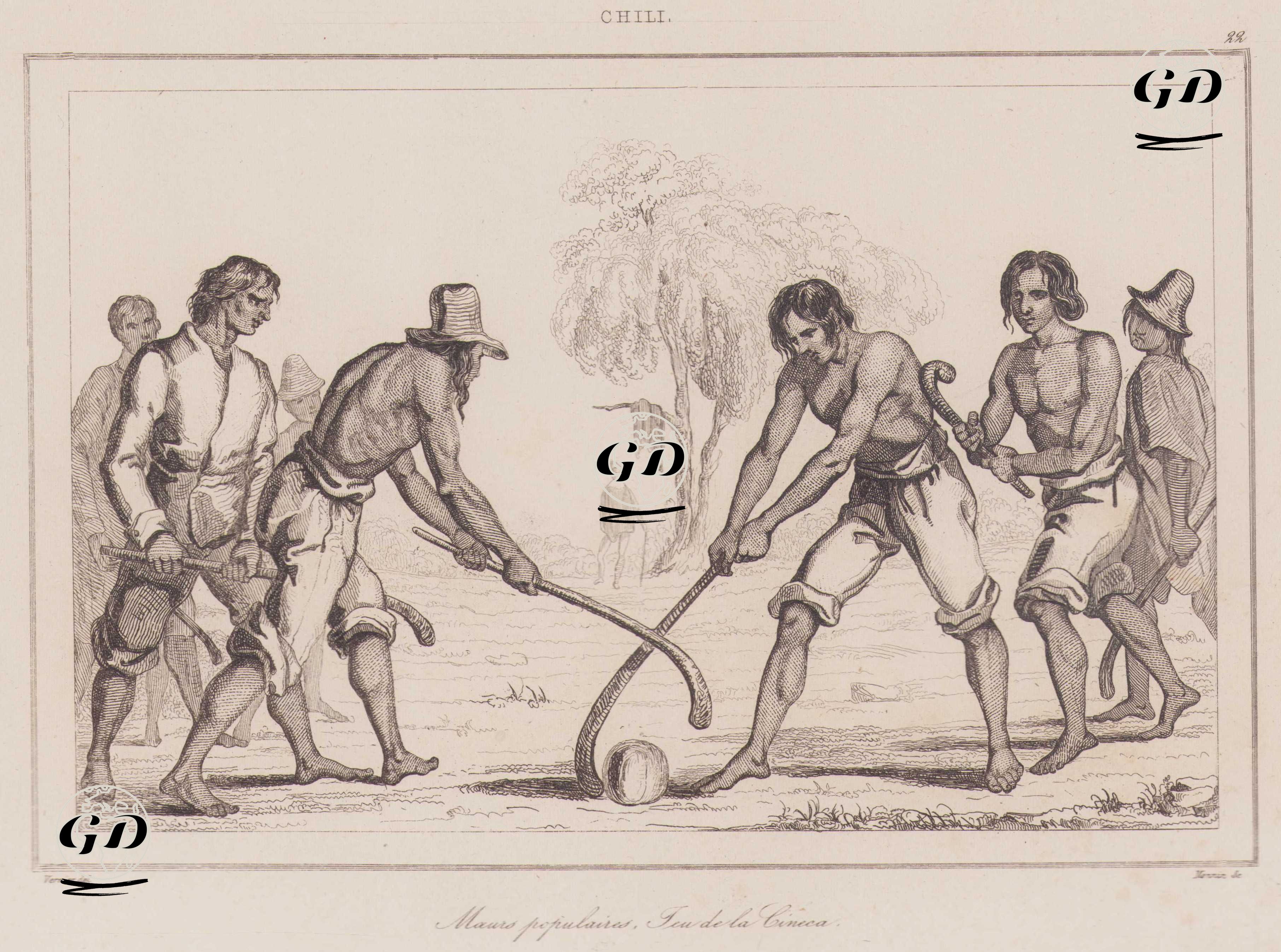 Murs Populaires, Jeu de la Cineca, Chili (Cineca (a stick-ball game - cricket or field hockey) is a popular folk game in Chile.) - Vernier - 1839