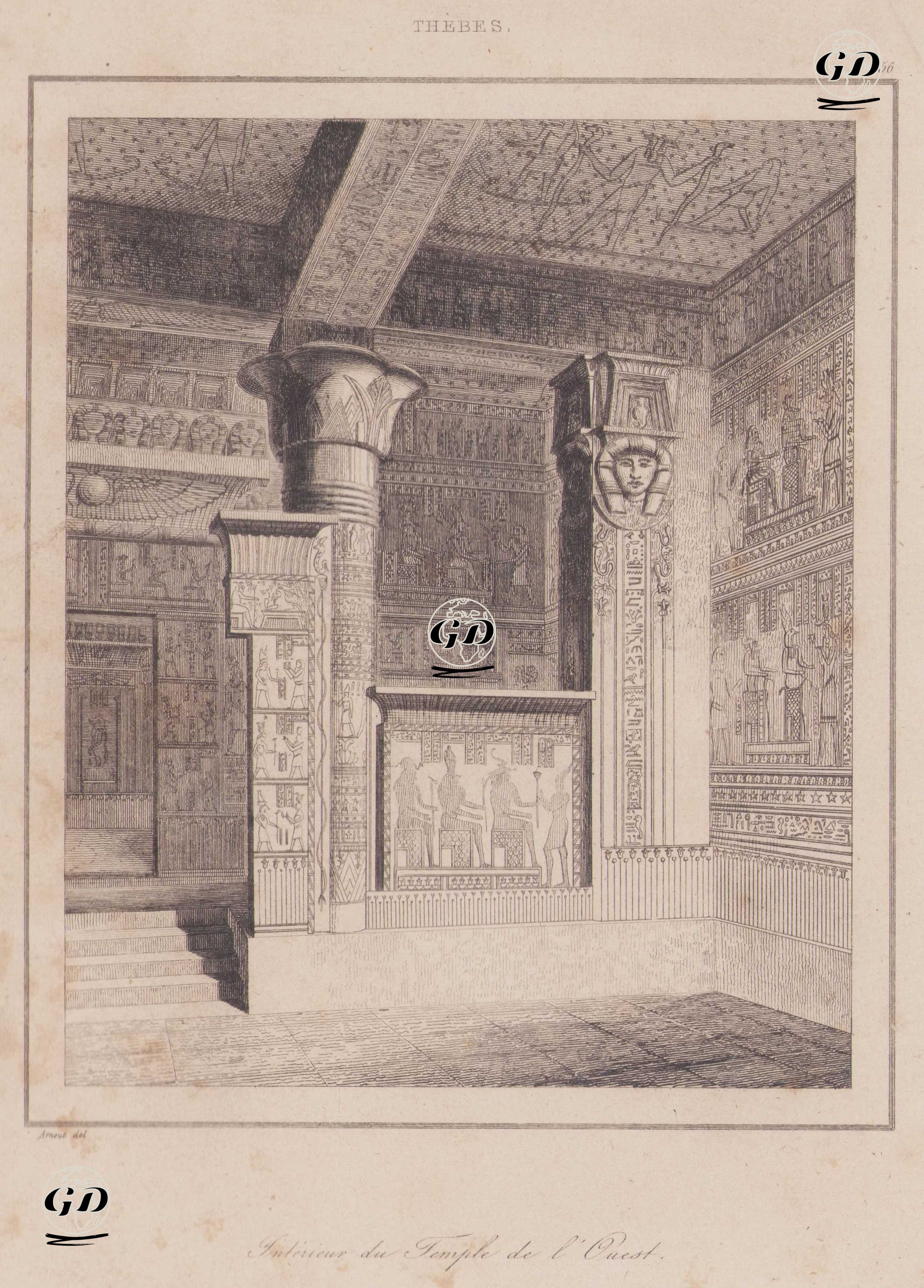 Thebes'deki Batı Tapınağı İç Mekanı, Mısır - Jean Baptiste Arnout (1788-1865) - 1839
