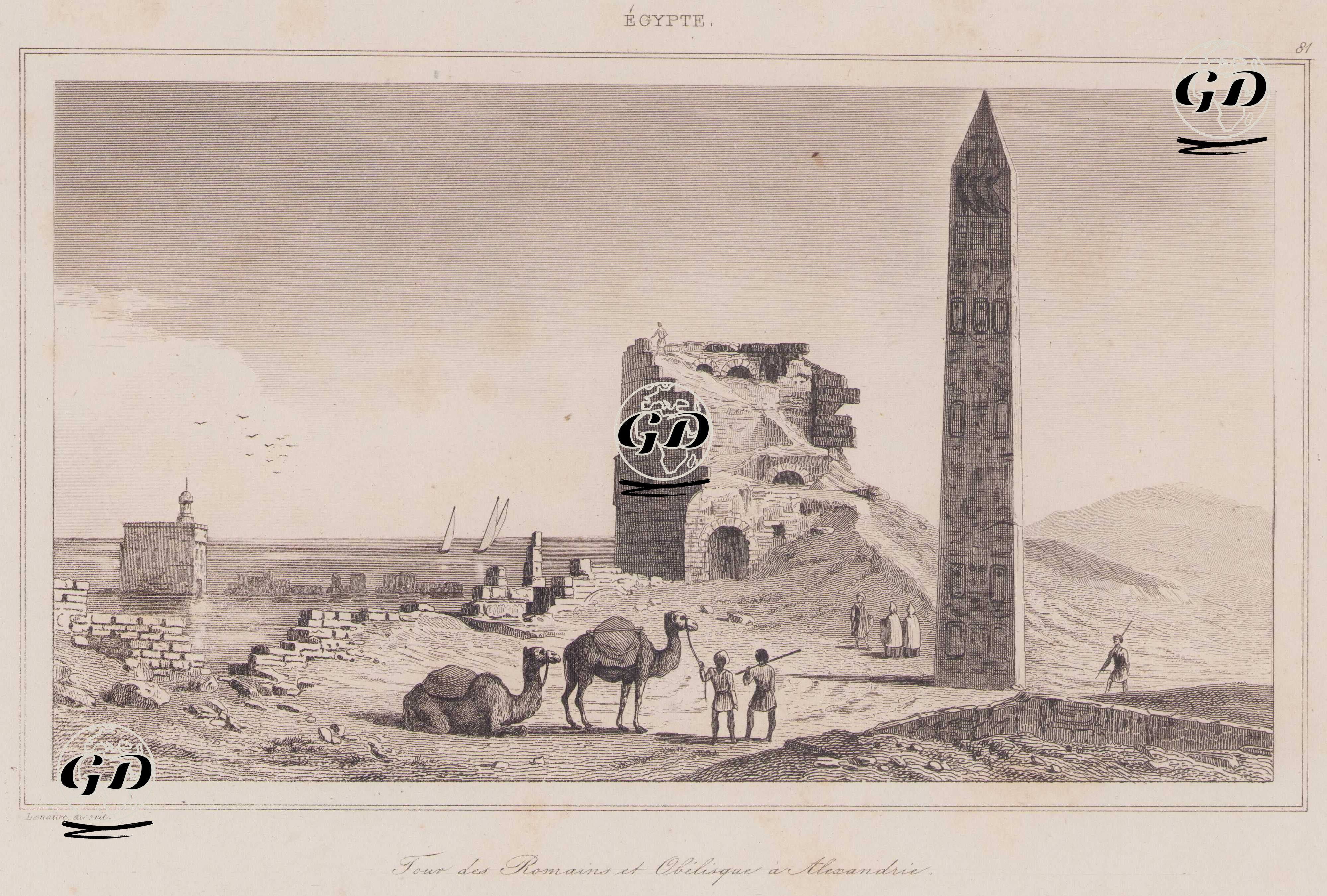 İskenderiye’de Roma Kulesi ve Kleopatra Dikilitaşı, Mısır -  - 1839