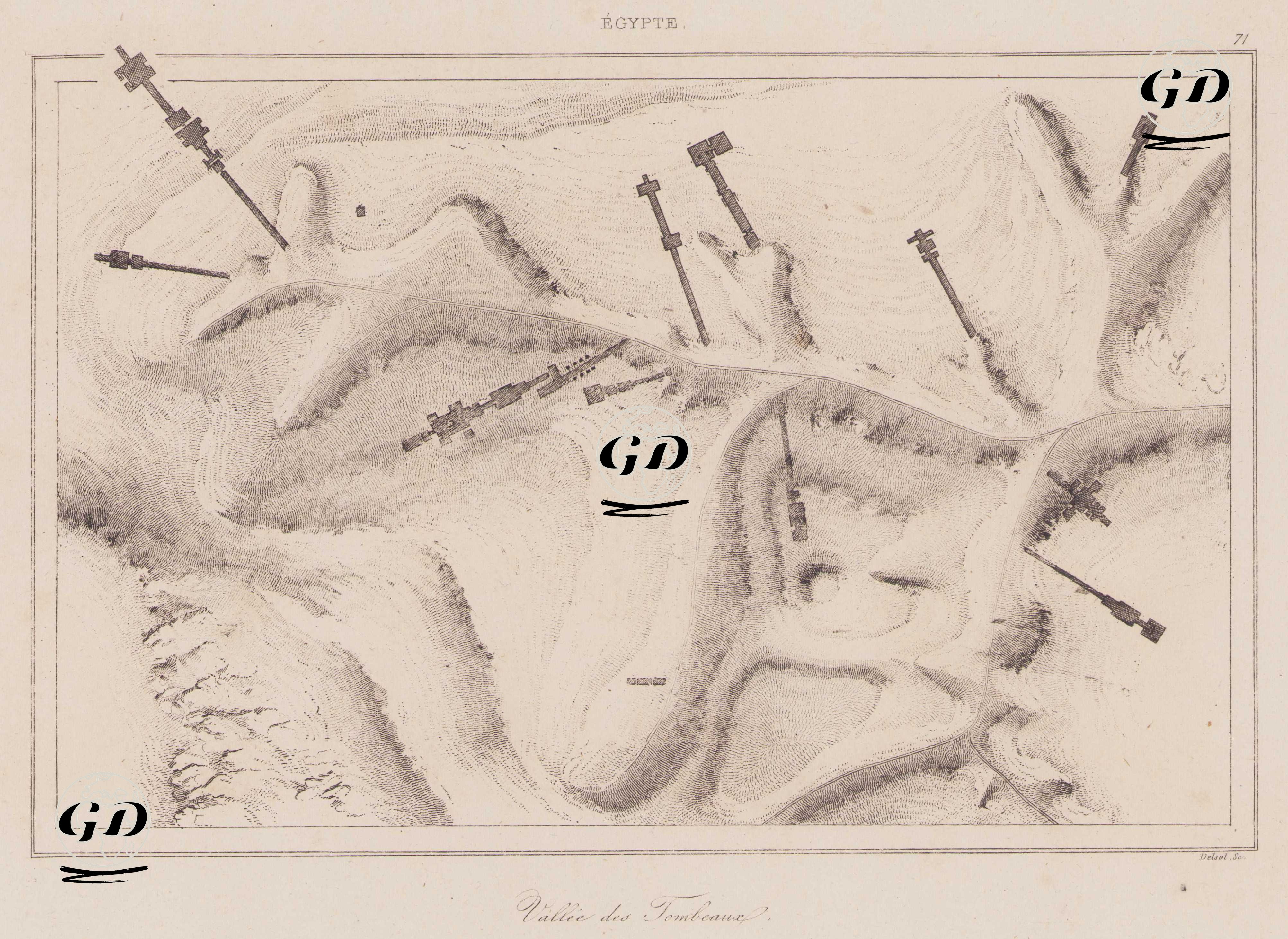 Batı Nekropolisinin (Mezarlar Vadisi) Mezar Girişlerini ve Dağlık topografyası Gösteren Harita, Teb, Mısır -  - 1839