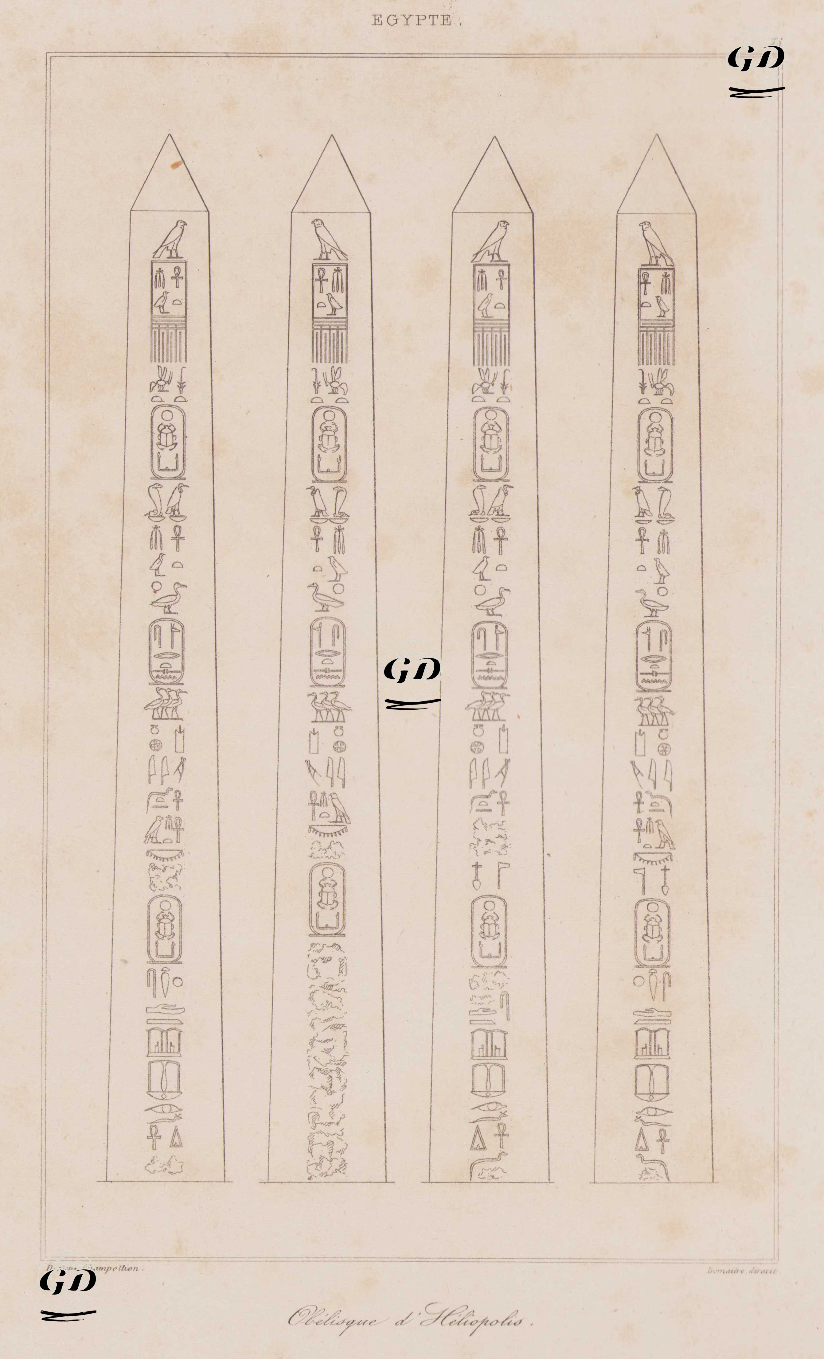 Obelisque d’Heliopolis, Egypte (Hieroglyphic Sequences (surface inscriptions) on the Heliopolis Obelisk, one of the Oldest Standing Stones of Ancient Egypt.) - Jacques-Joseph Champollion (1778-1867) - 1839