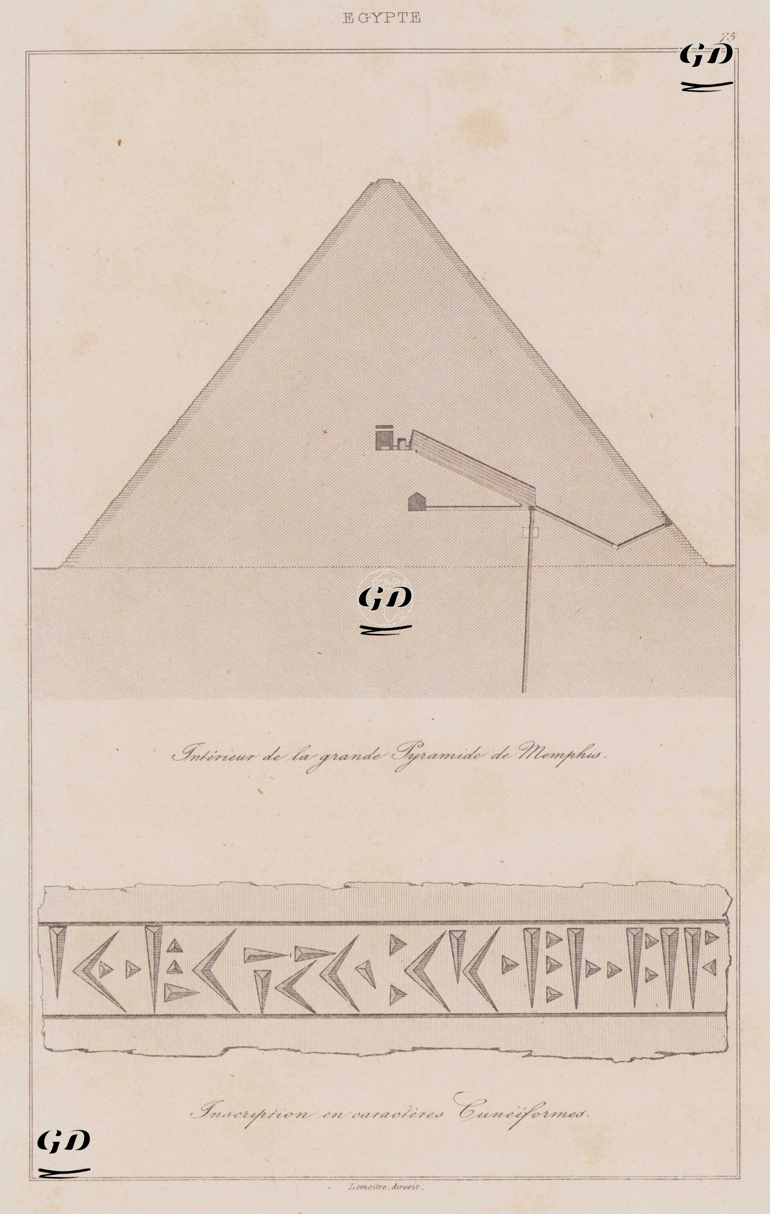 Giza Büyük Piramit’in İç Planı ile Çivi Yazısı Karakterleriyle Yazılmış Yazıt, Antik Mısır -  - 1839