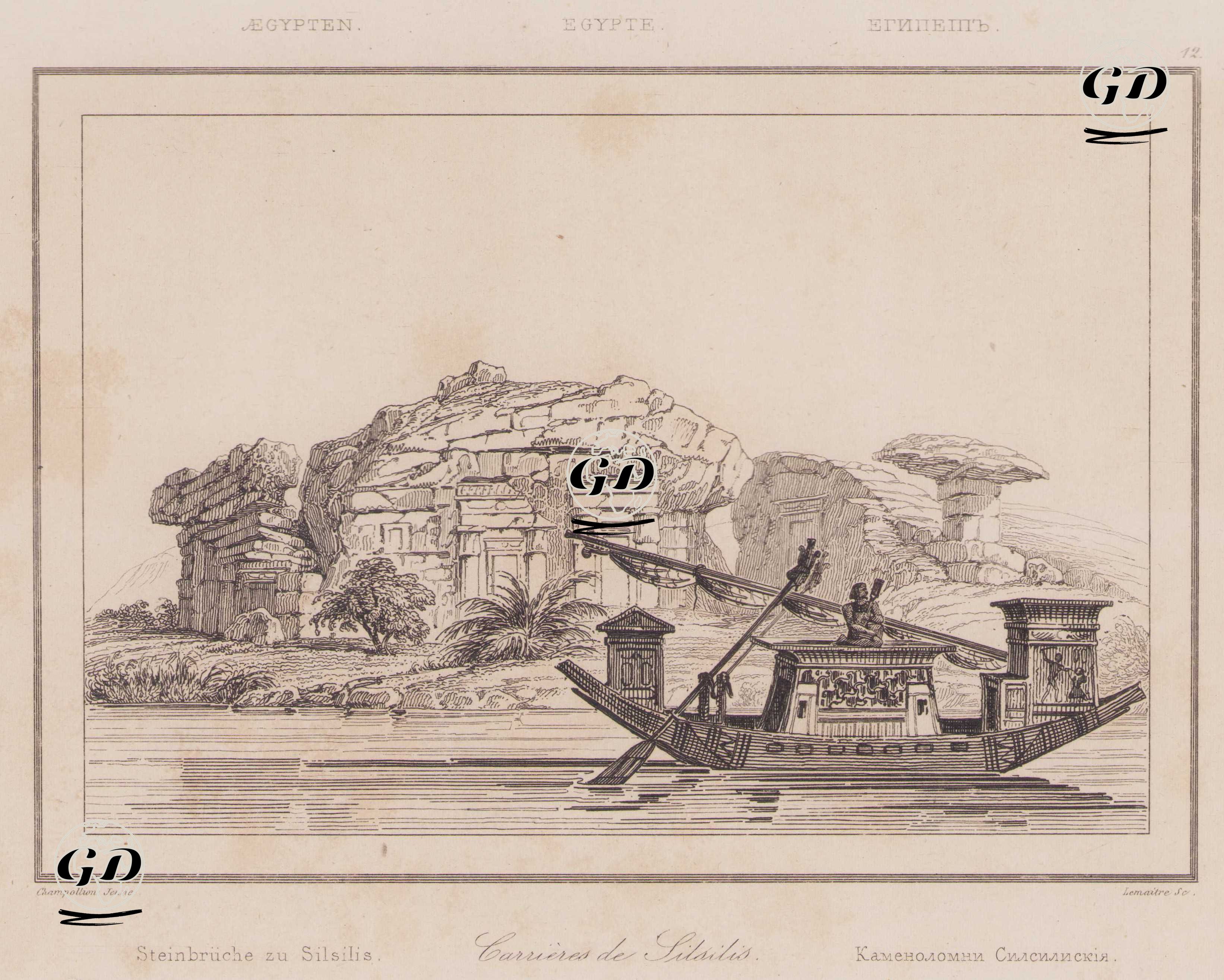 Antik Mısır'da Silsilis Taş Ocakları Girişinde Oyulmuş Kayalar ve Geleneksel Nil Nehri Teknesi - Jacques-Joseph Champollion (1778-1867) - 1839