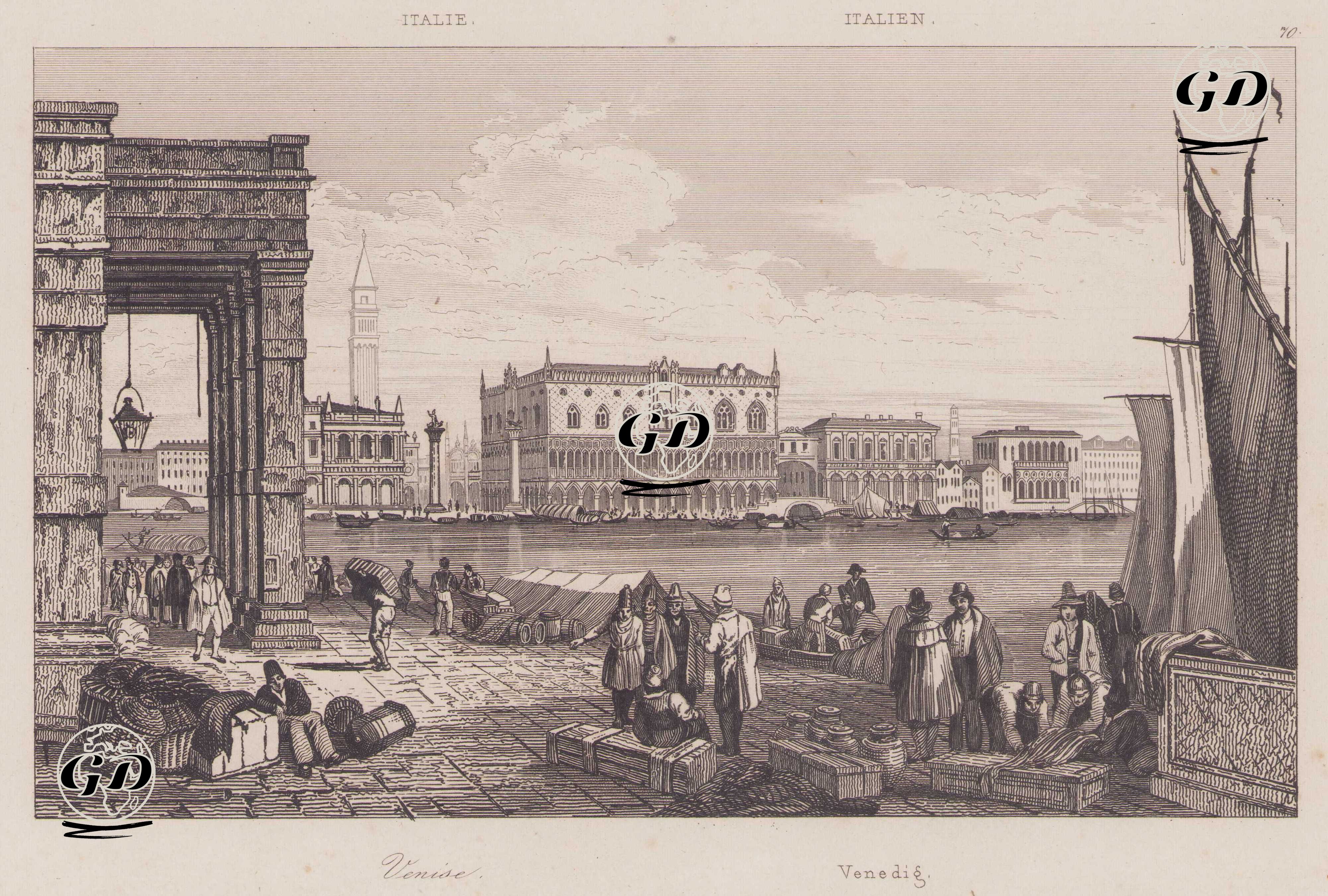Doçe Sarayı ve San Marco Çan Kulesi ile Venedik Limanı, İtalya -  - 1839