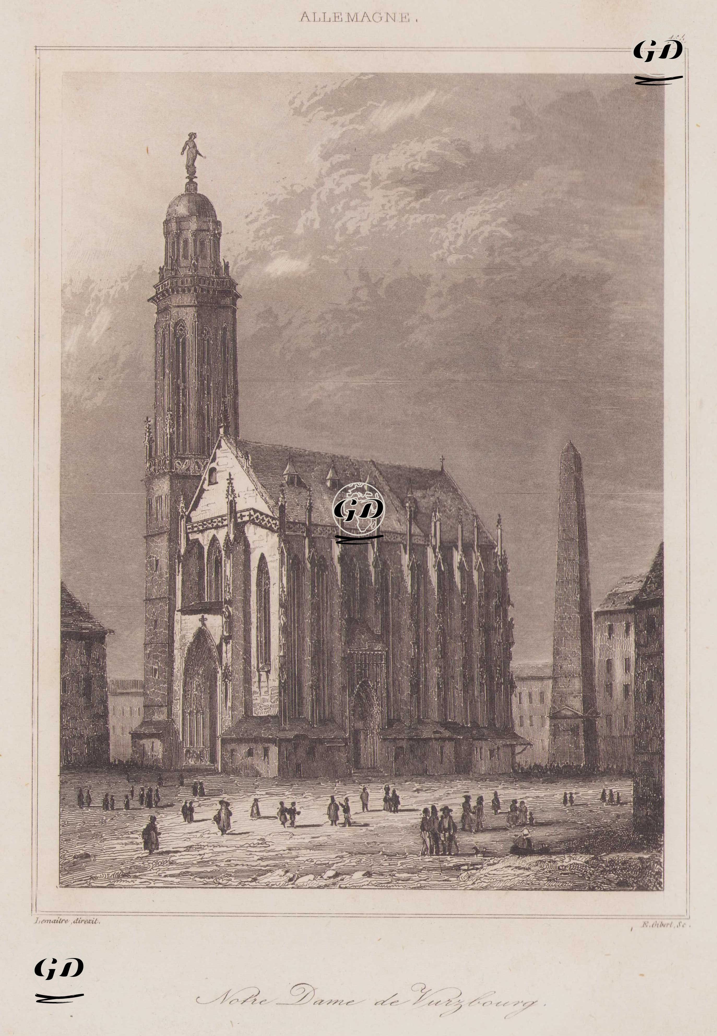 Würzburg'daki Marienkapelle (Aziz Meryem Kilisesi, Pazar Meydanı ve Dikilitaş, Almanya -  - 1839