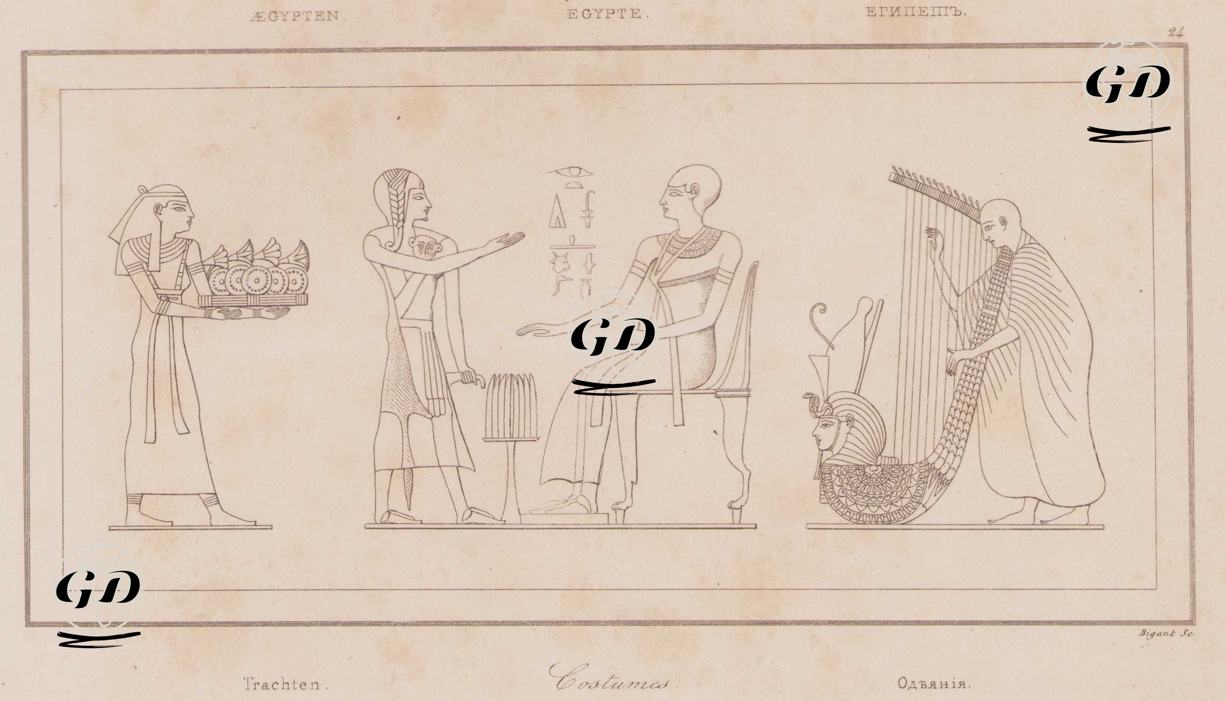 Mısır Kostümleri, Adak Sunan Görevli, Oturan Bir Soylu ve Arp Çalan Bir Müzisyen, Antik Mısır -  - 1839