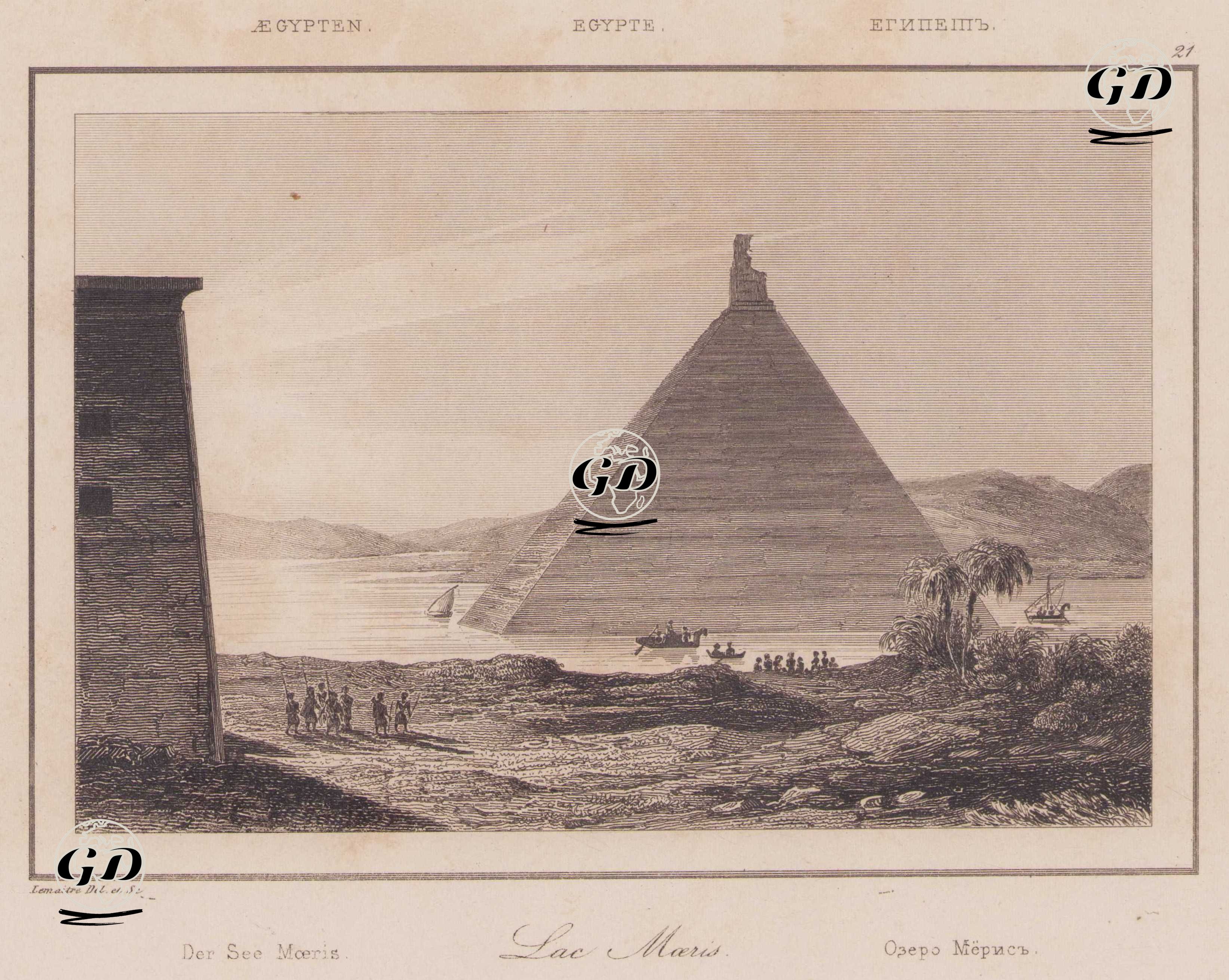 Antik Mısır'ın Fayoum Bölgesinde Bulunan Moeris Gölü ve Kısmen Suya Batmış Bir Piramid -  - 1839