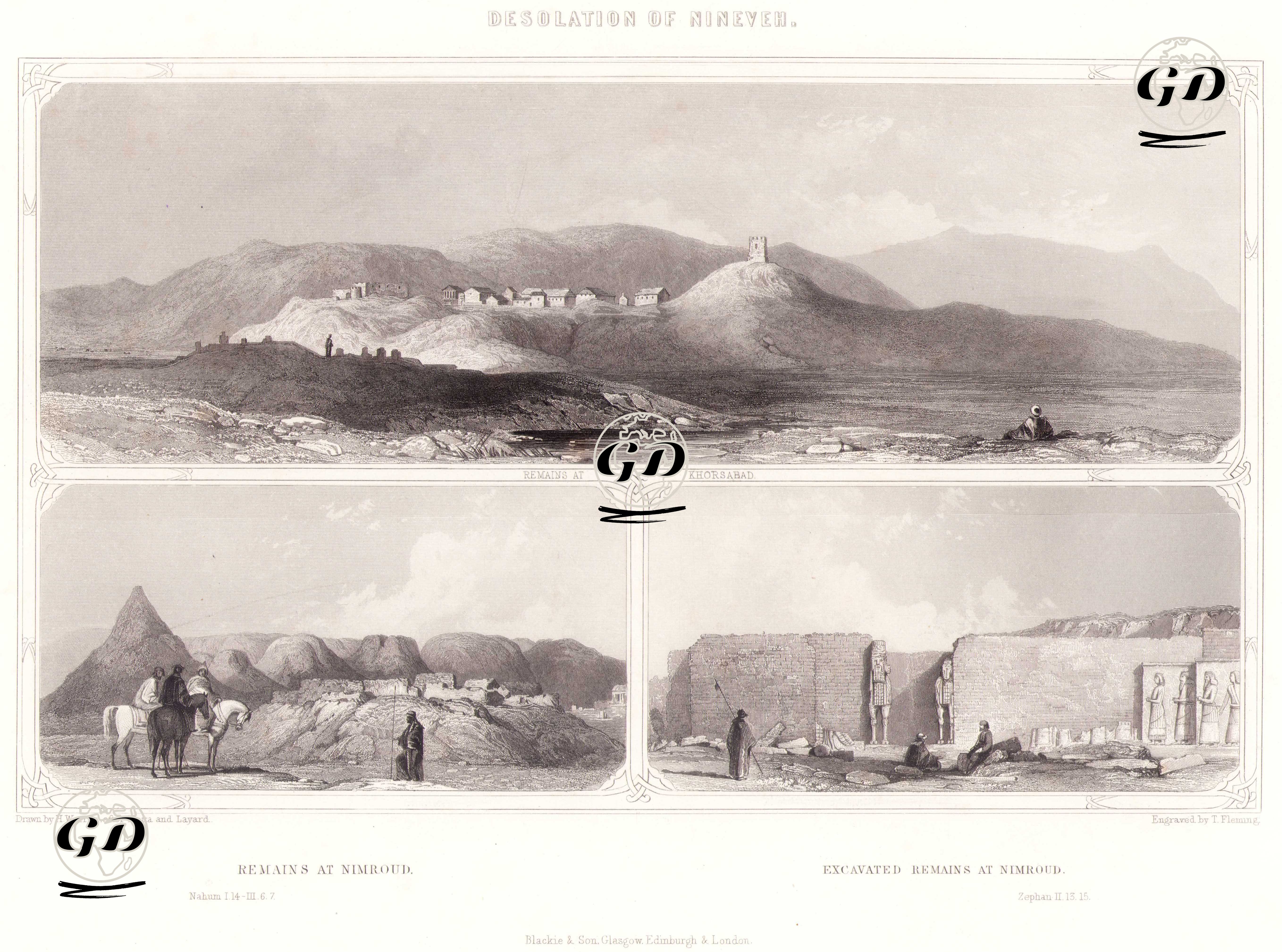 Ninova’nın Harabeleri - Khorsabad Kalıntıları - Nimrud Kalıntıları - Nimrud’daki Arkeolojik Kazılar Sonucunda Ortaya Cıkarılmış Kalıntılar - H. Warren -After Botta & Layard - 1850`s