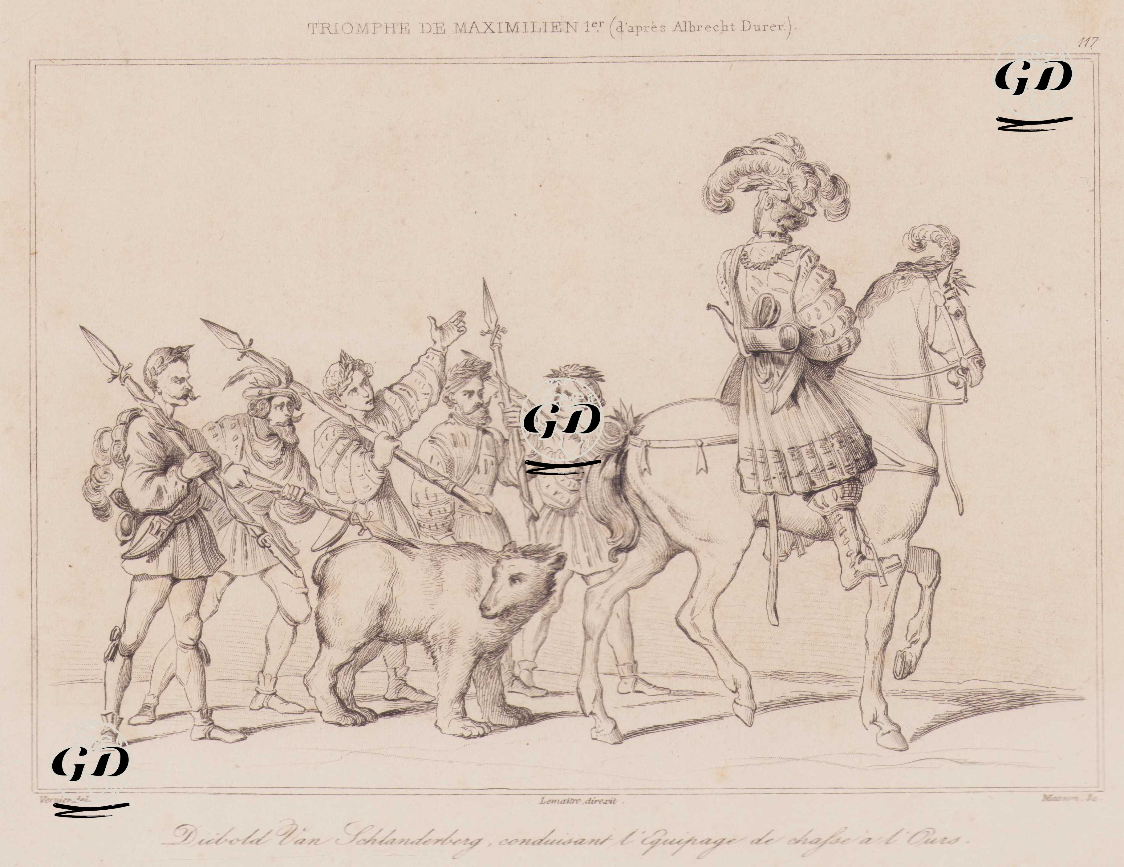 Maksimilian I’in Zafer Alayı  (Albrecht Dürer'den) -Diebolt Van Schlantenberg Önderlik Ettiği Ayı Avı Alayı - Vernier - After Albrecht Dürer - 1839