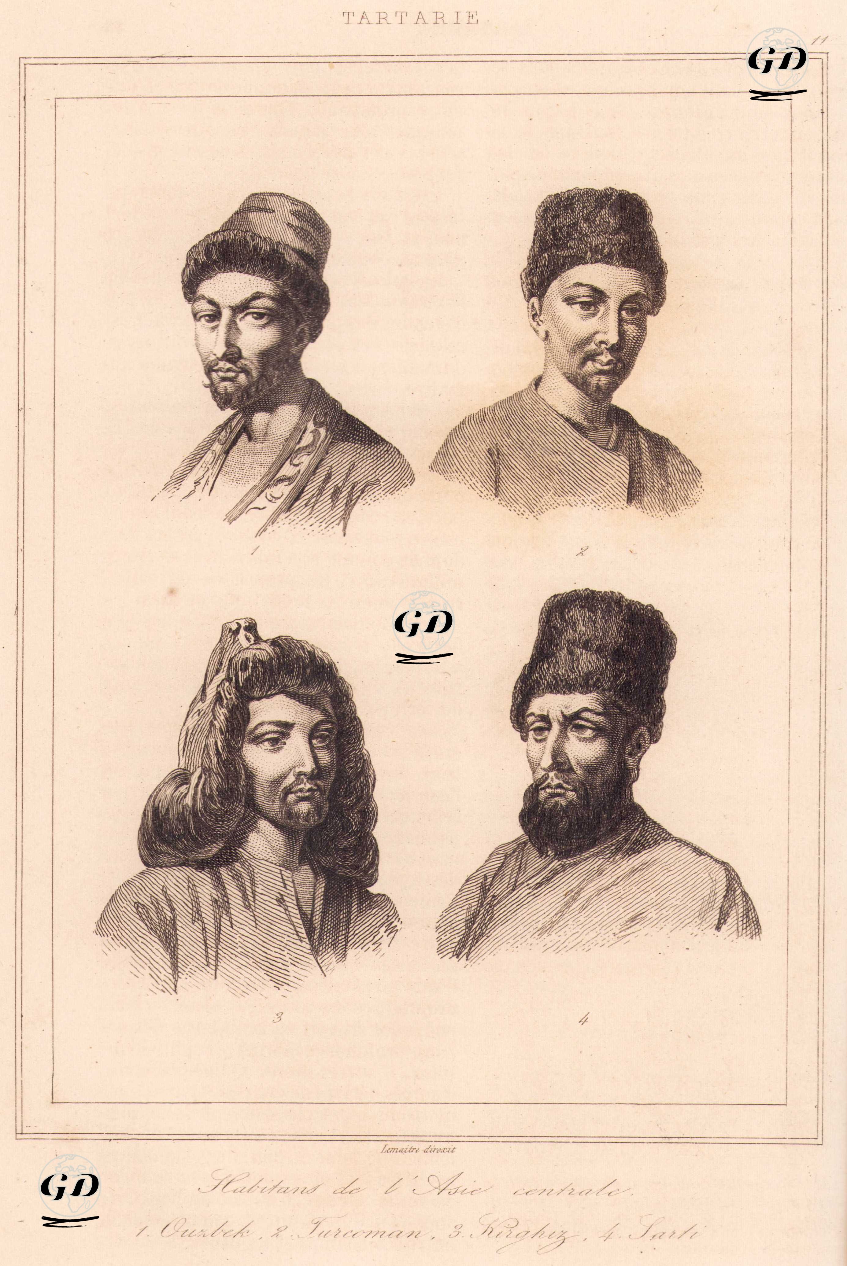 Tartarie - Habitants de l’Asie Centrale 1. Ouzbek 2. Turcoman 3. Kirghiz 4. Sarti (Plate 11) (Central Asian Peoples: 1. Uzbek 2. Turkmen 3. Kyrgyz 4. Sart) -  - 1848