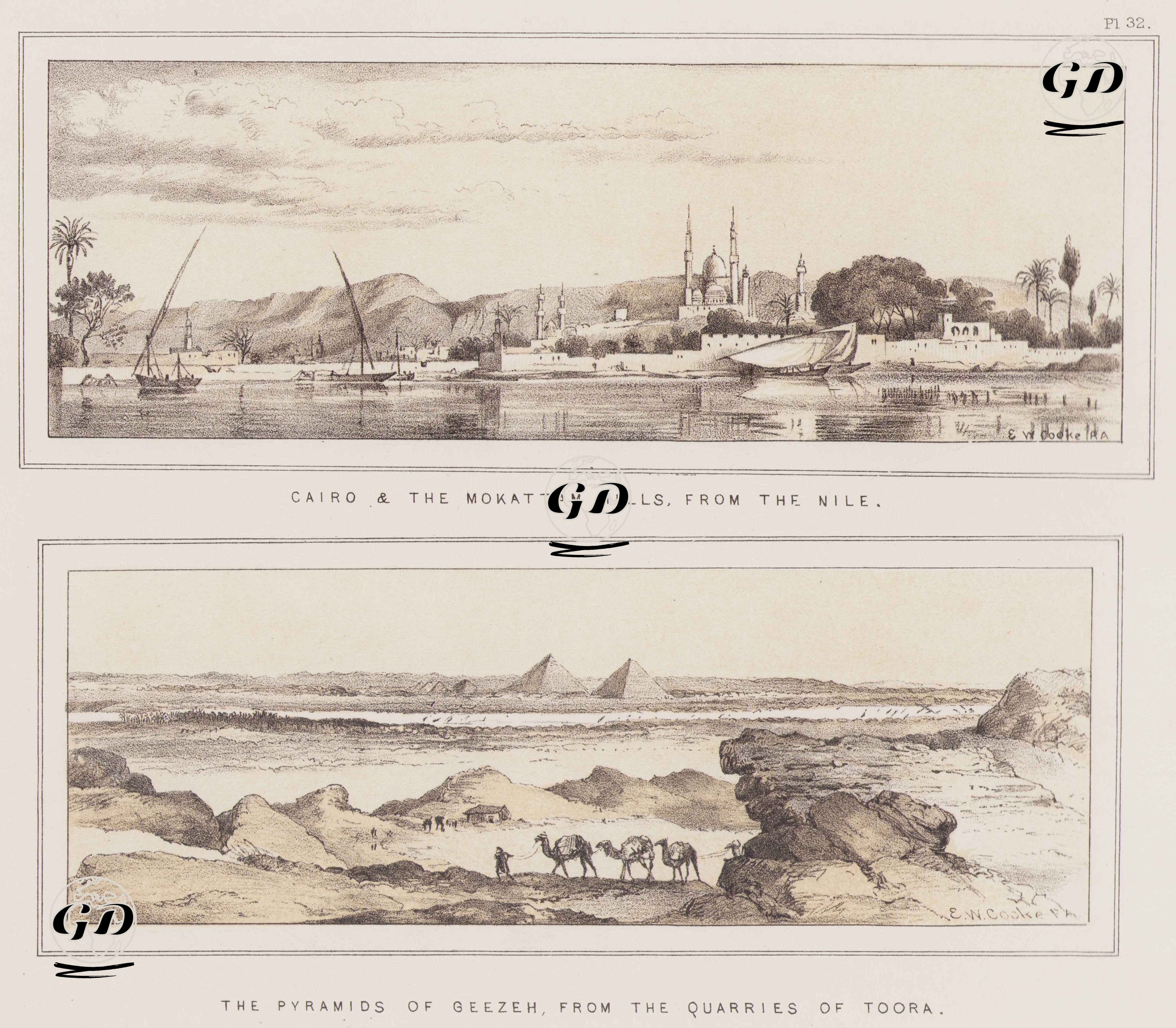 Nil’den Kahire ve Mokattam Tepeleri / Tura Taş Ocaklarından Gize Piramitleri - E.W.Cooke - 1840`s