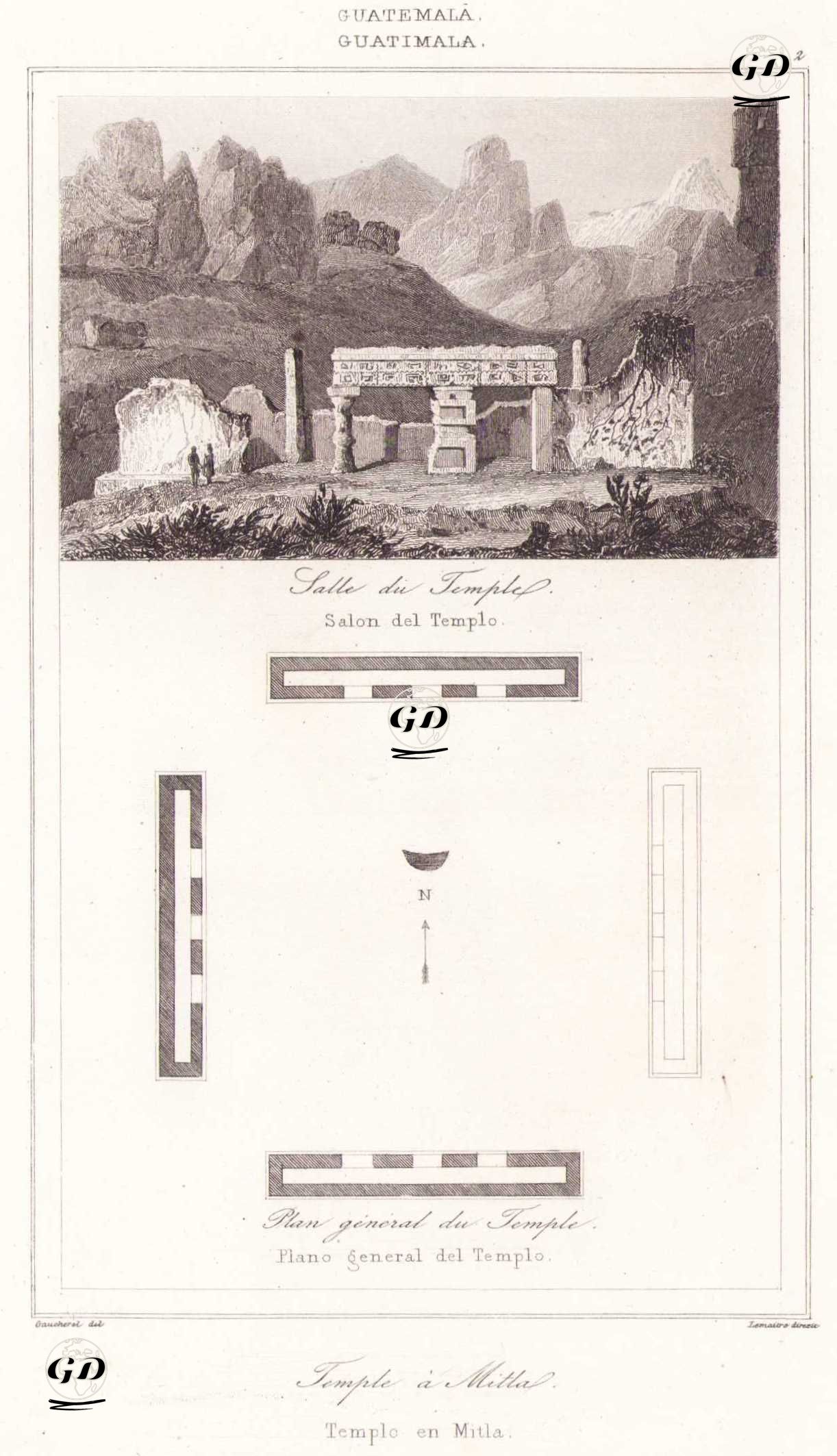 Guatemala - Temple a Mitla - Salle du Temple- Plan General du Temple (Guatimala - Templo en Mitla - Salon del Templo - Plano general del Templo) (Plate 2) (Mitla Zapotec Temple,  Oaxaca, Mexico - Temple Hall - General Plan of the Temple) - Leon Gaucherel (1816-1886) - 1843