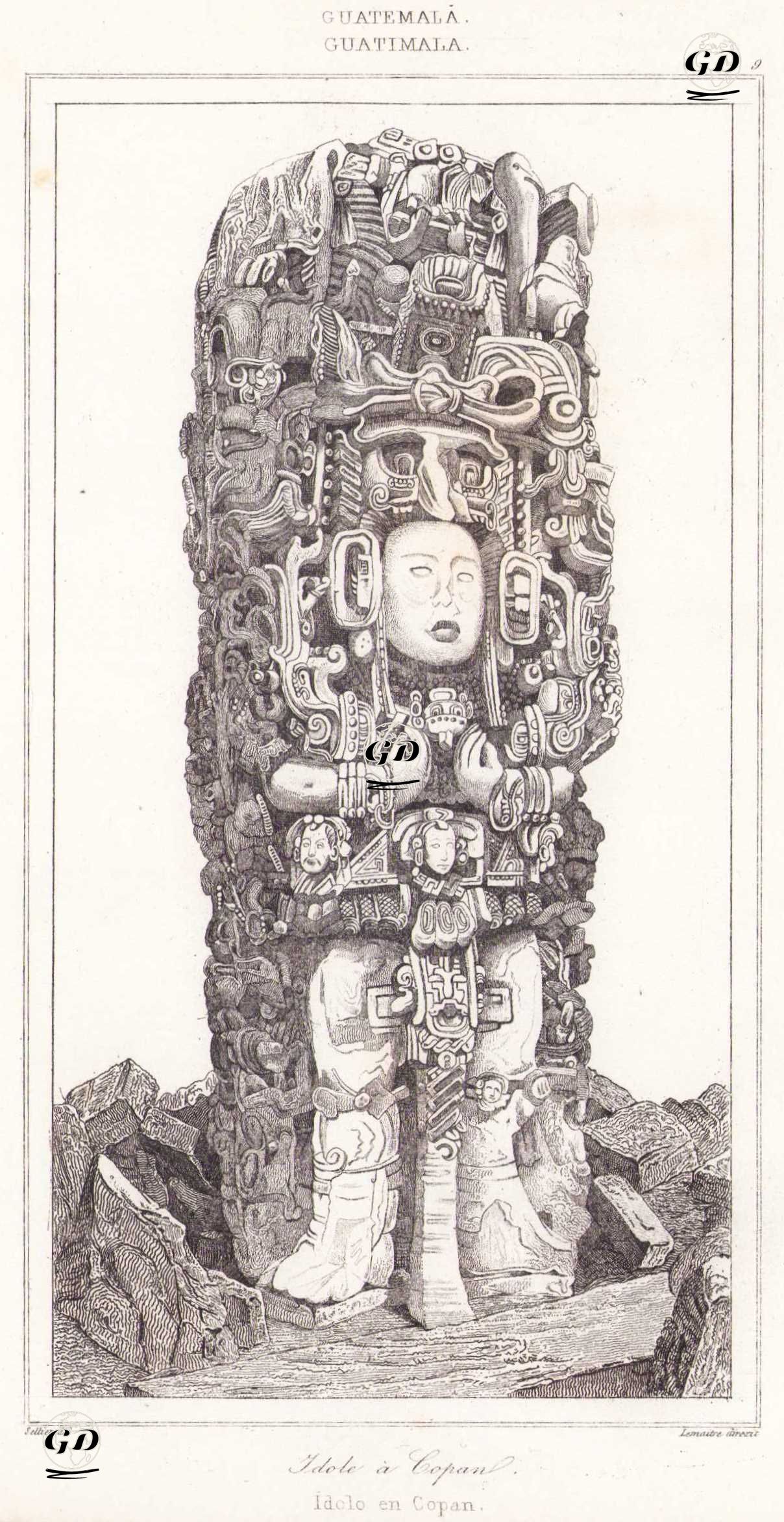 Maya Totemi (Stela), Copan, Honduras (Plate 9) - Leon Gaucherel (1816-1886) - 1843