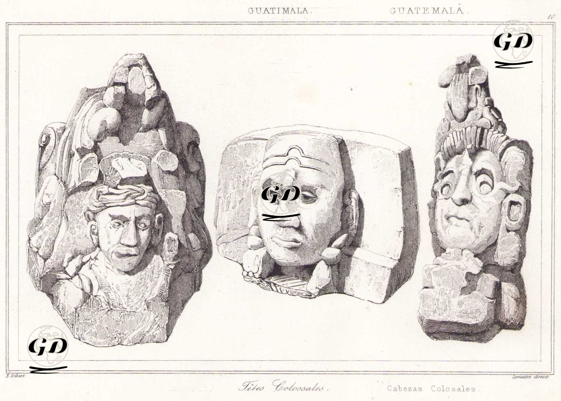 Devasa Taş Tanrı Başları (Aztek Tanrısı Quetzalcoatl) (Plate 10) - E.Gibert - 1843