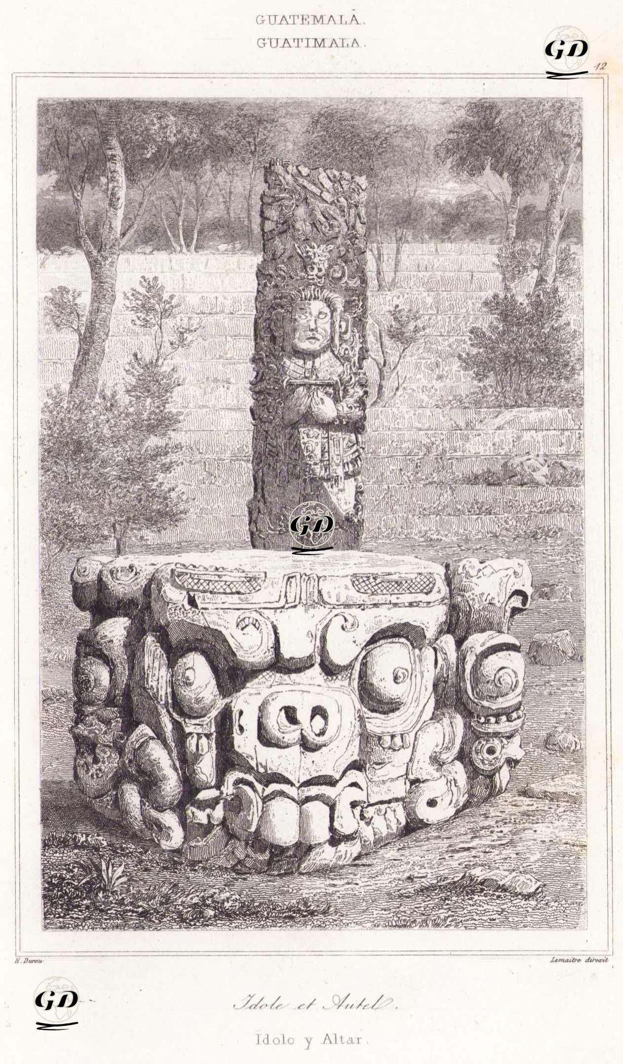 Maya Oyma Taş Sunak ve Put (Plate 12) - Henri Durau (1791-?) - 1843