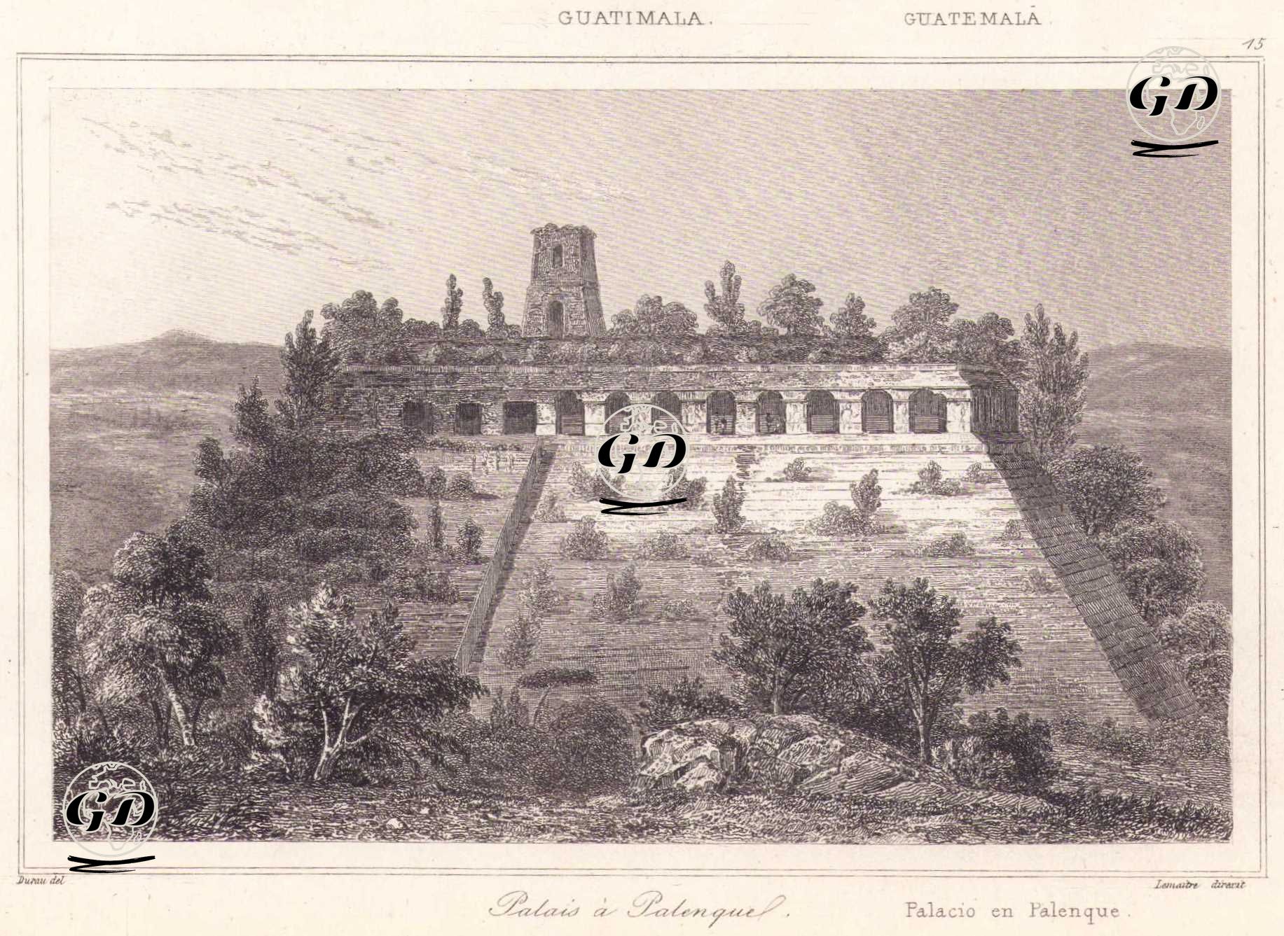 Guatemala - Palais a Palenque (Palacio en Palenque) (Plate 15) (Royal Palace of Palenque (Palace of the Maya King Pakal the Great), Chiapas, Mexico) - Henri Durau (1791-?) - 1843