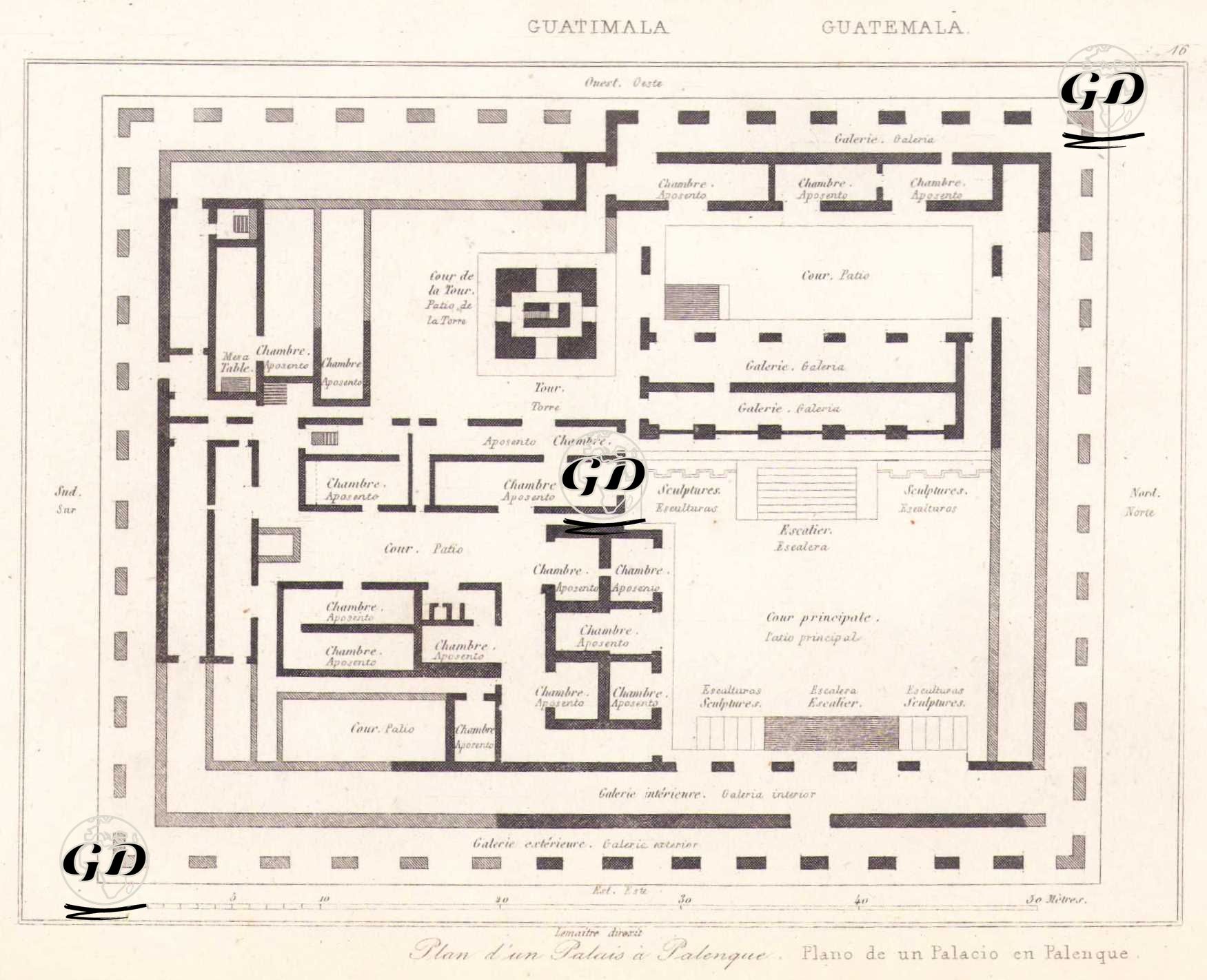 Palenque Kraliyet Sarayının (Maya Kralı Büyük Pakal'ın Sarayı) Planı, Chiapas, Meksika (Plate 16) -  - 1843