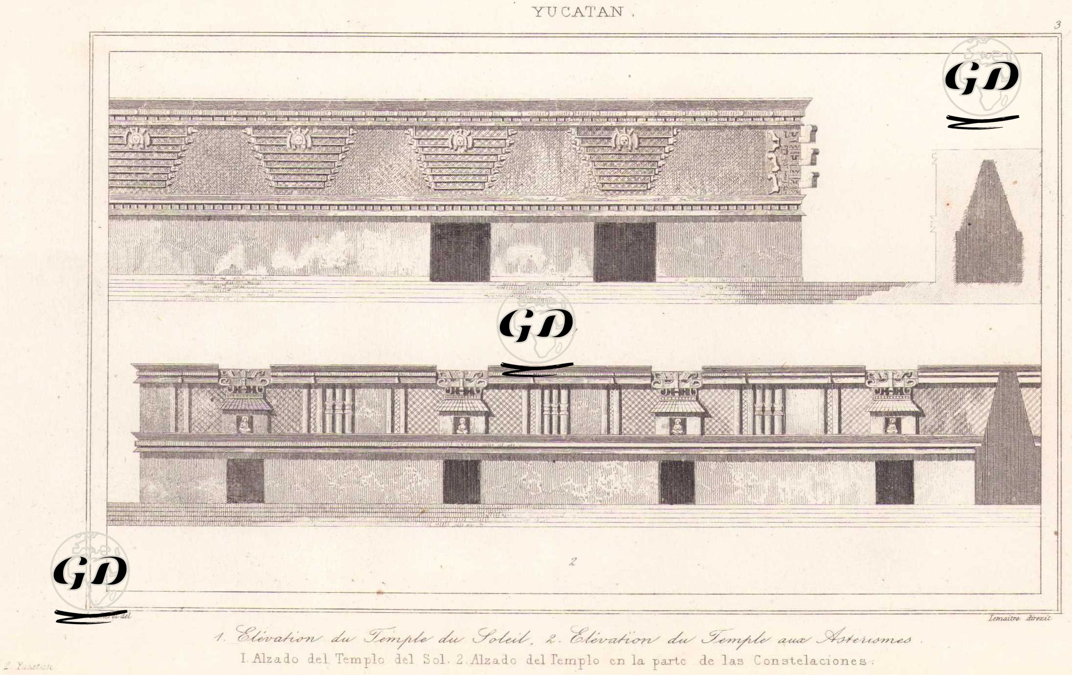 Güneş Tapınağı ile Takımyıldızları Tapınaklarının Ön Kesitlerin Görünümü, Uxmal, Yucatan, Meksika (Plate 3) - Leon Gaucherel (1816-1886) - 1843