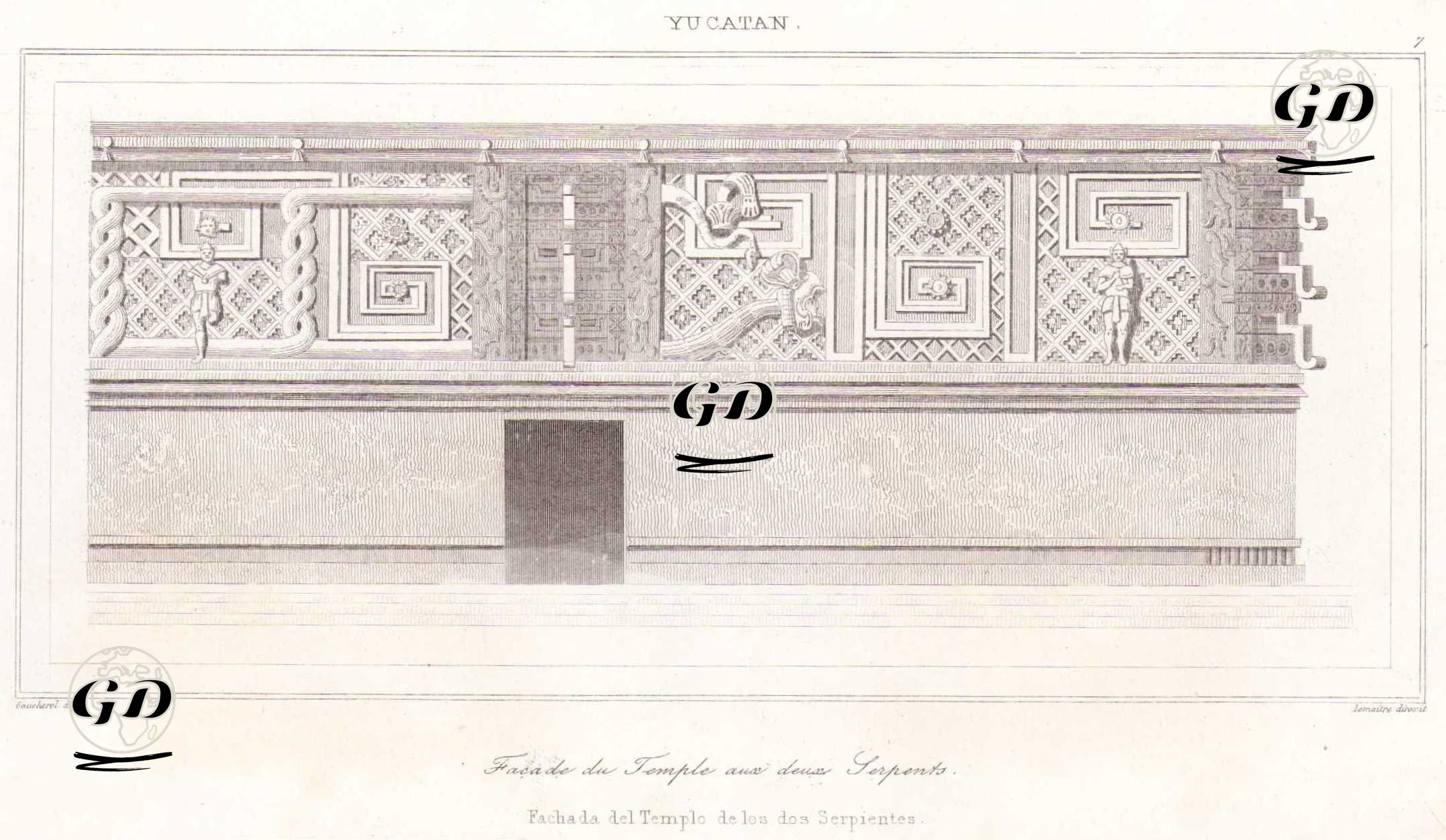 Yılan Tapınağının (Yıldız Tapınağı) Cephesi (Batı Binası'nın Ana cephesinin Sağ Yarısı), Uxmal, Yucatan, Meksika (Plate 7) - Leon Gaucherel (1816-1886) - 1843