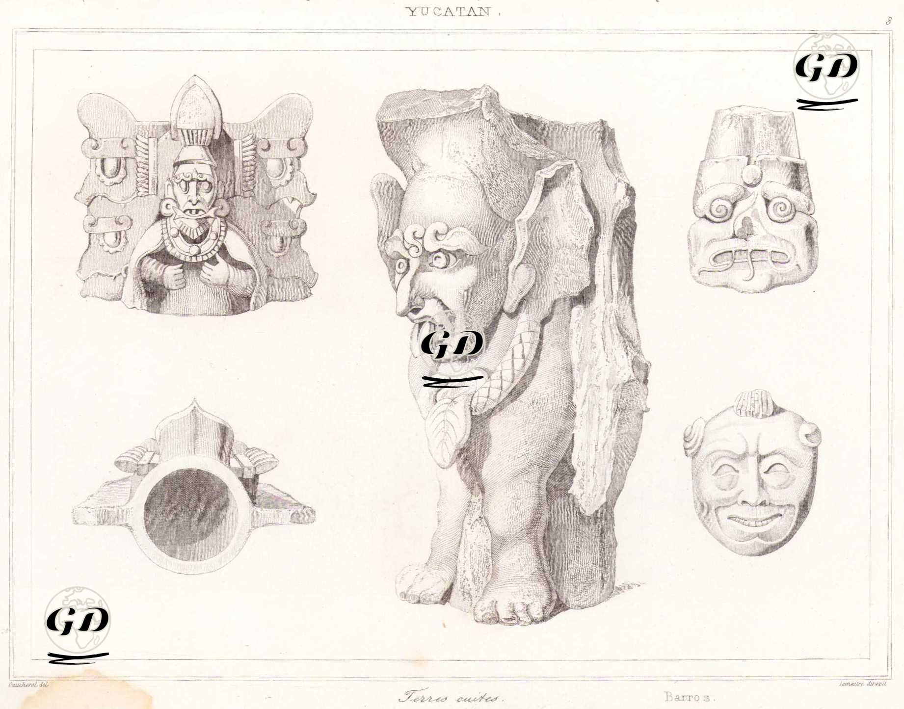 Yucatan Bölgesine Ait Pişmiş Toprak Heykel ve Maskeler, Uxmal, Yucatan, Meksika (Plate 8) - Leon Gaucherel (1816-1886) - 1843