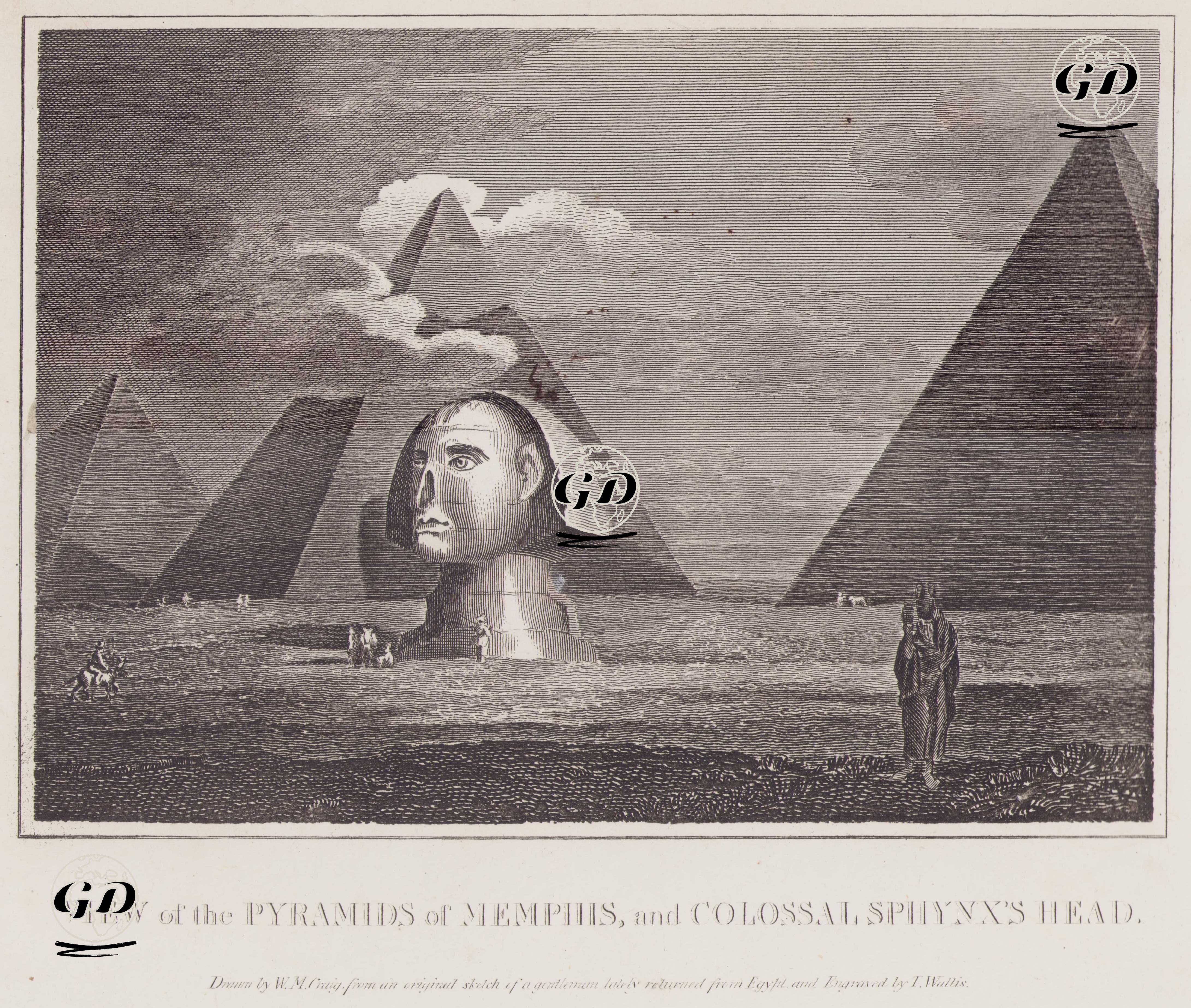 Memphis Piramitleri ve Dev Sfenks Başı Görünümü - W. M. Craig - 1800`s