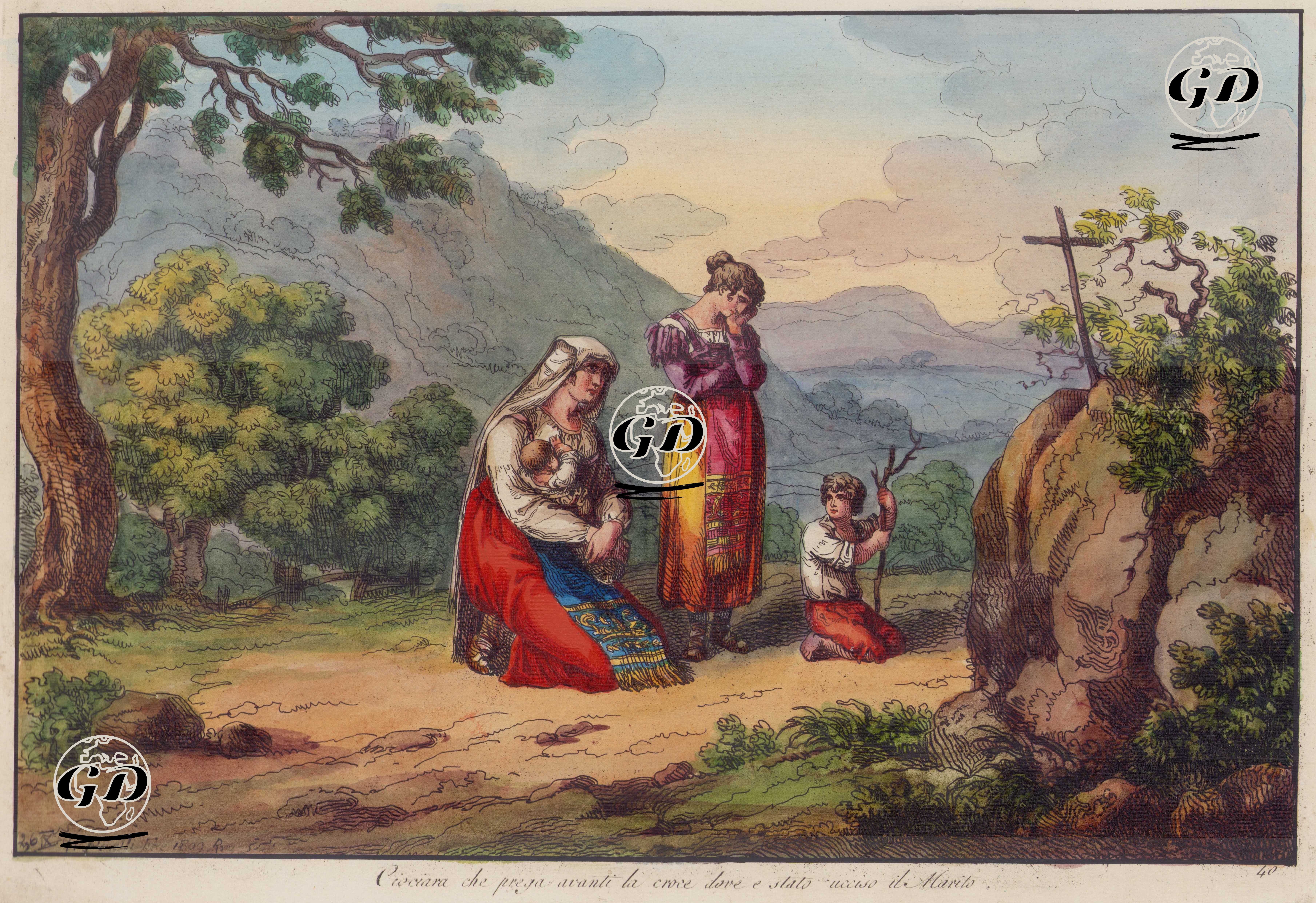 Kocasının Öldürüldüğü Yerdeki Haç Önünde Çocuklarıyla Birlikte Dua Eden Ciociaralı Kadın - Bartolomeo Pinelli (1781-1835) - 1809