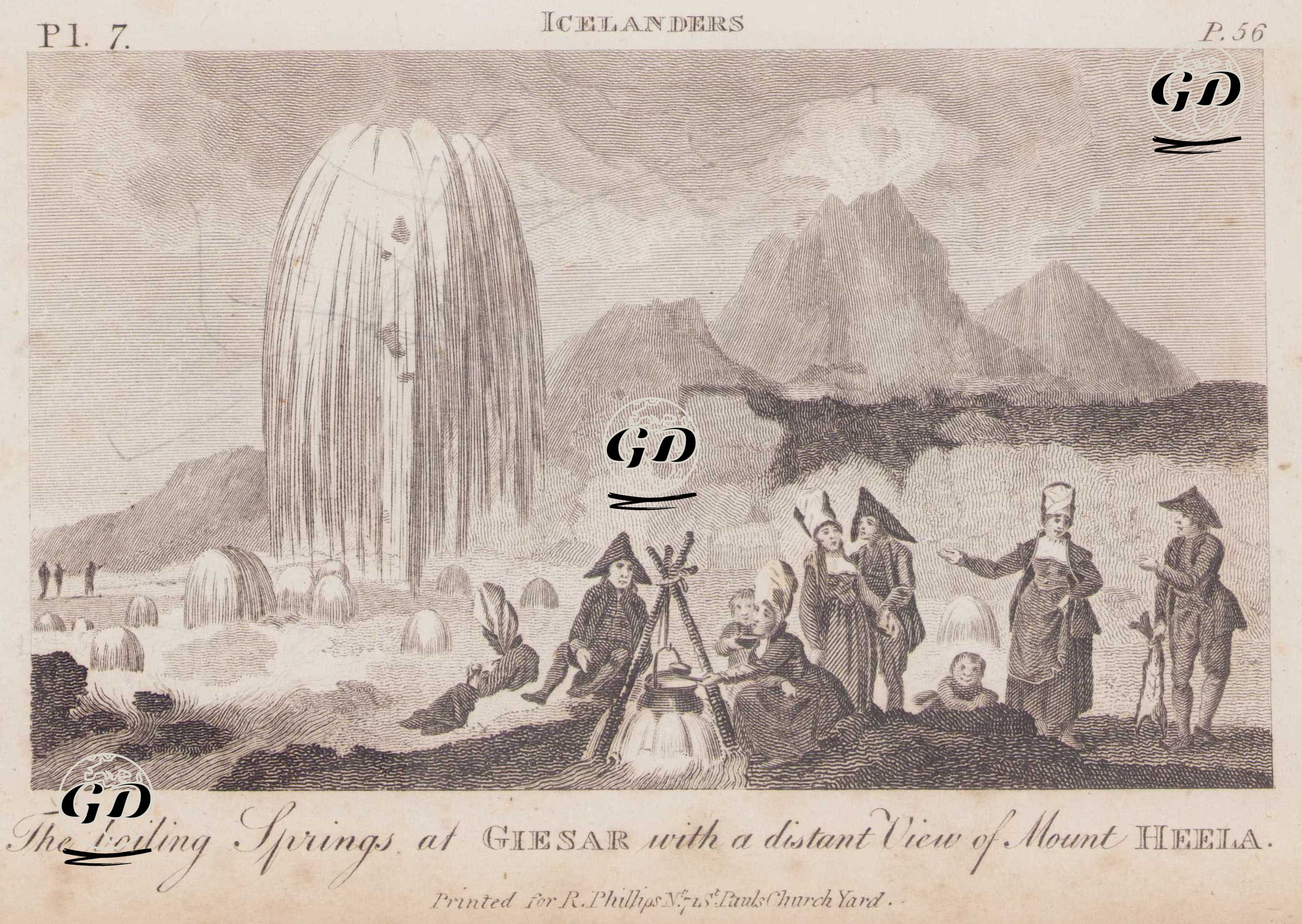 Hekla Dağı’nın Uzak Görünümüyle Birlikte Geysir’deki Kaynayan Kaplıcalar -  - 1800`s