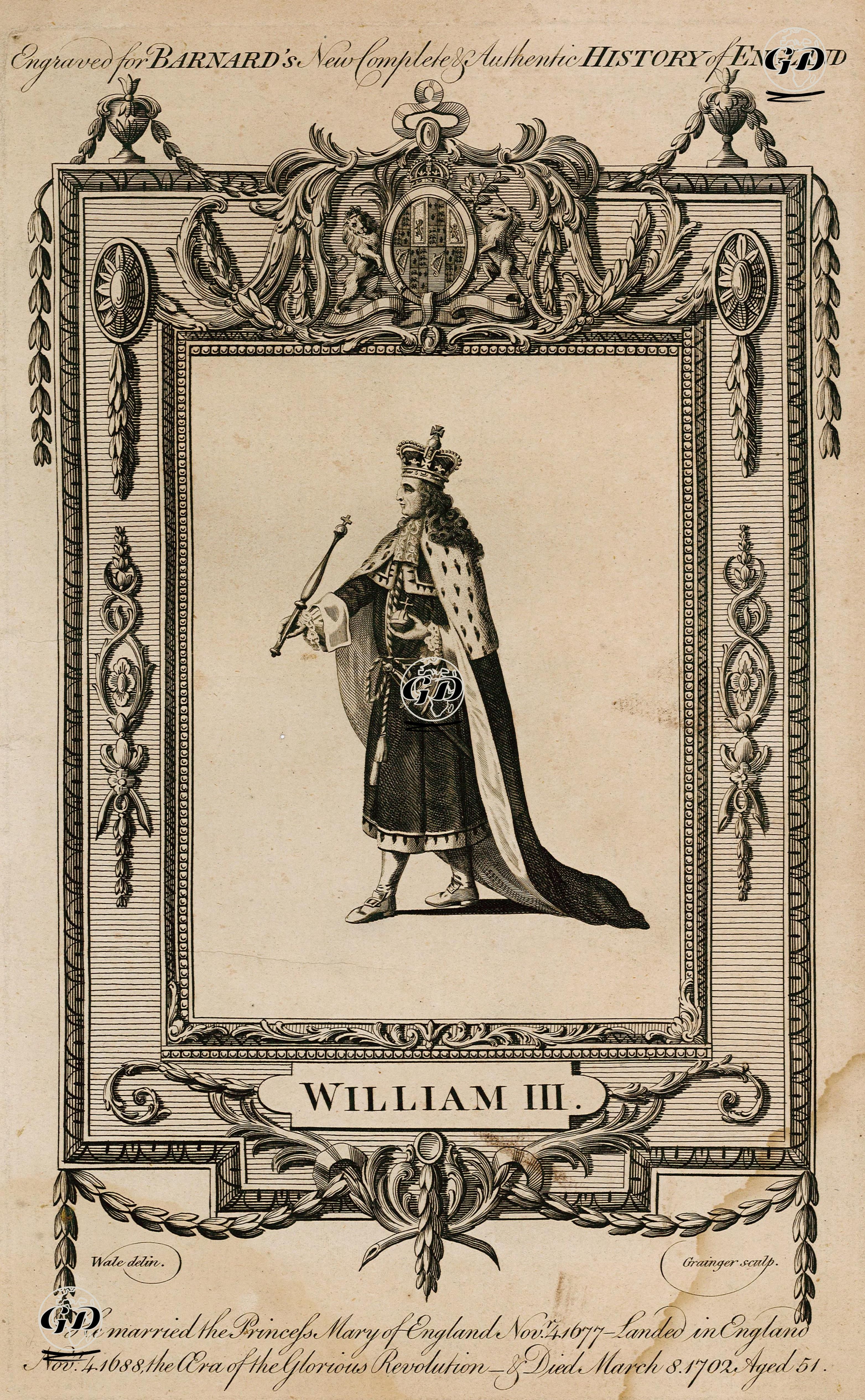 William III. ( He married the Princess Mary of England Nov 4, 1677. Landed in England Nov 4, 1688, the Era of the Glorious Revolution & Died March 8, 1702, Aged 51) - Samuel Wale (1721-1786) - 1790