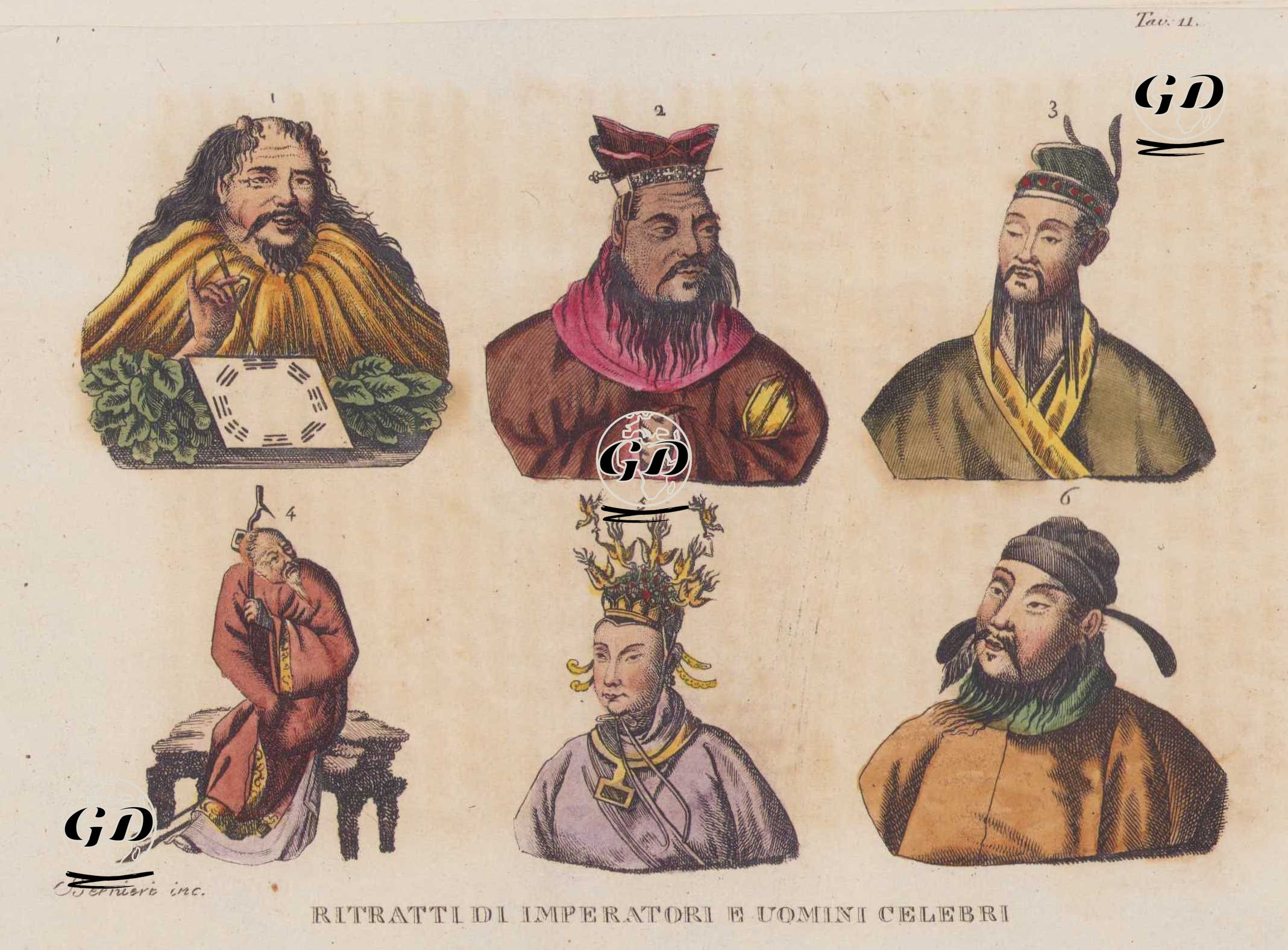 Ritratti Di Imperatori E Uomini Celebri, Tav.11. (Portraits Of Chinese Emperors And Famous Men, Ruler God Fo-hi (1), Philosopher Confucius (2), The Founder of The Qin Dynasty and Bookburner Qin Shi Huang (3), Writer Fo-chen (4), Emperor Wu Zetian(5) and Emperor Taizong, Founder of the Dynasty Tang (6)) -  - 1820's-1840's