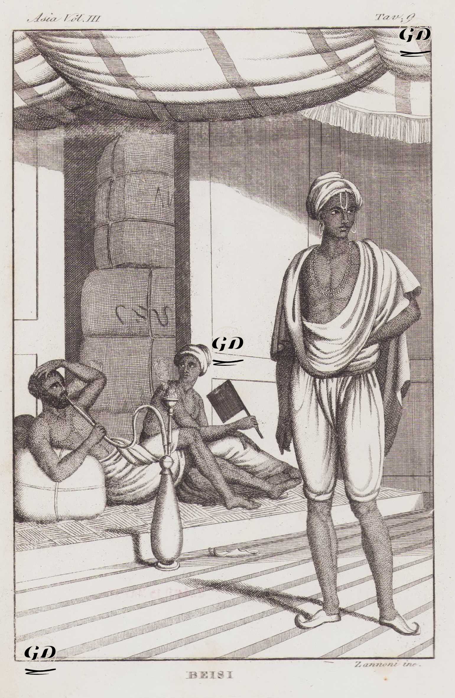 Nargile İçen ve Yelpaze ile Gölgelik Altında Dinlenen ve Üçüncü Kastda Bulunan Hintli Vaisya Üyeleri, Çiftçiler, Tüccarlar ve Memurlar, Asya Cilt III, Resim 9. -  - 1820's-1840's