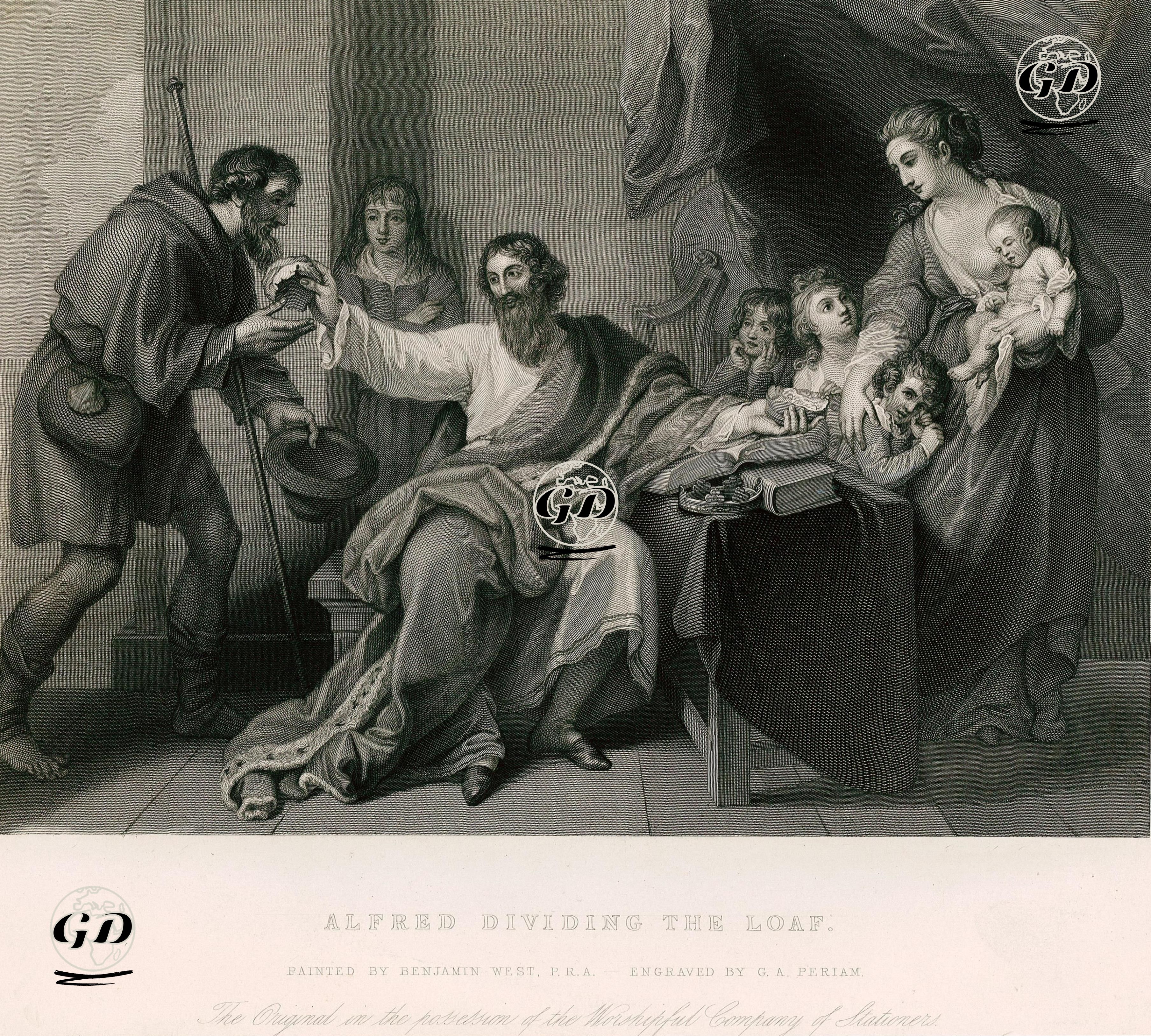Danimarkalıların Wessex'i İşgal Etmesi Nedeniyle Athelney Adasına Sığınan Kral Alfred, Zor Durumda Olmasına Rağmen Son Somununu Fakir Bir Hristiyan Hacı İle Paylaşması   - Benjamin West (1738-1820) - 1846