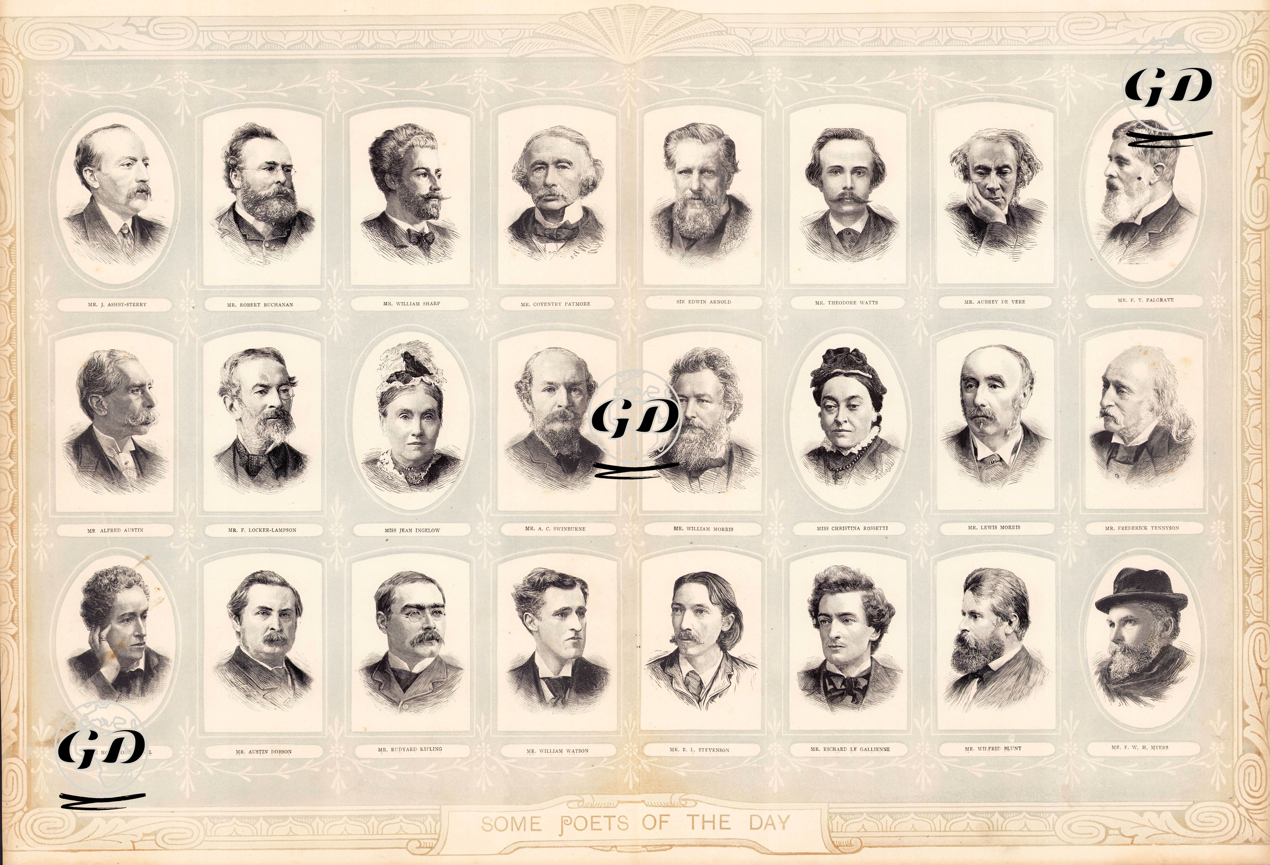 Some Poets Of The Day-J Ashby Sterry, Robert Buchanan, William Sharp, Coventry Patmore, Edwin Arnold, Theodore Watts, Aubrey de Vere, F T Palgrave, Alfred Austin, F Locker Lampson, Jean Ingelow, A C Swinburne, William Morris, Christina Rossetti, Lewis Morris, Frederick Tennyson, Roden Noel, Austin Dobson, Rudyard Kipling, William Watson, R L Stevenson, Richard le Gallienne, Wilfrid Blunt, F W H Myers -  - 1893