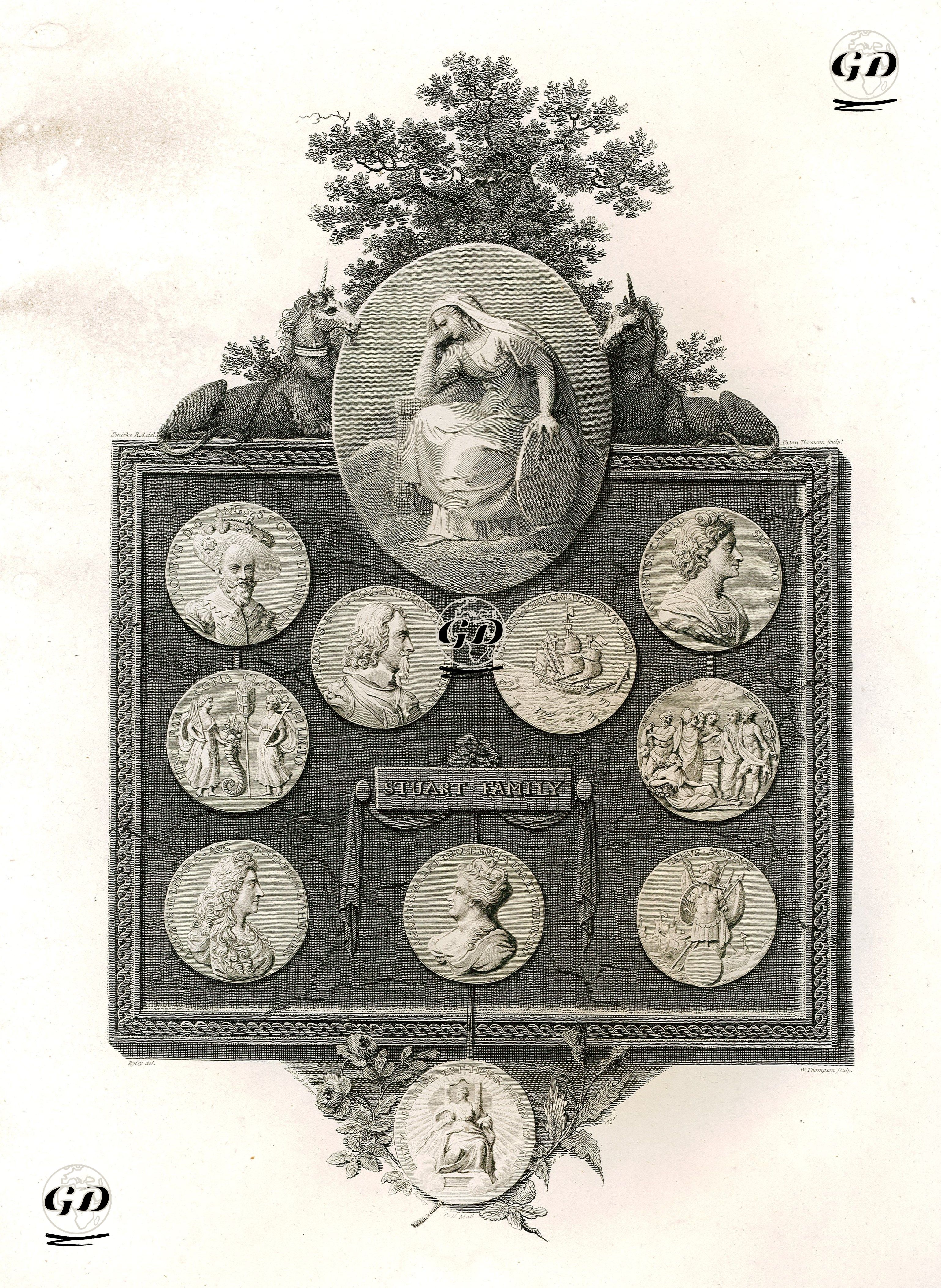 Stuart Family-James I. King of England, James II. King of England, Anne Queen of Great Britain, Charles I. King of England, Charles II. King of England  - Charles Reuben Ryley (1752-1798) - 1795