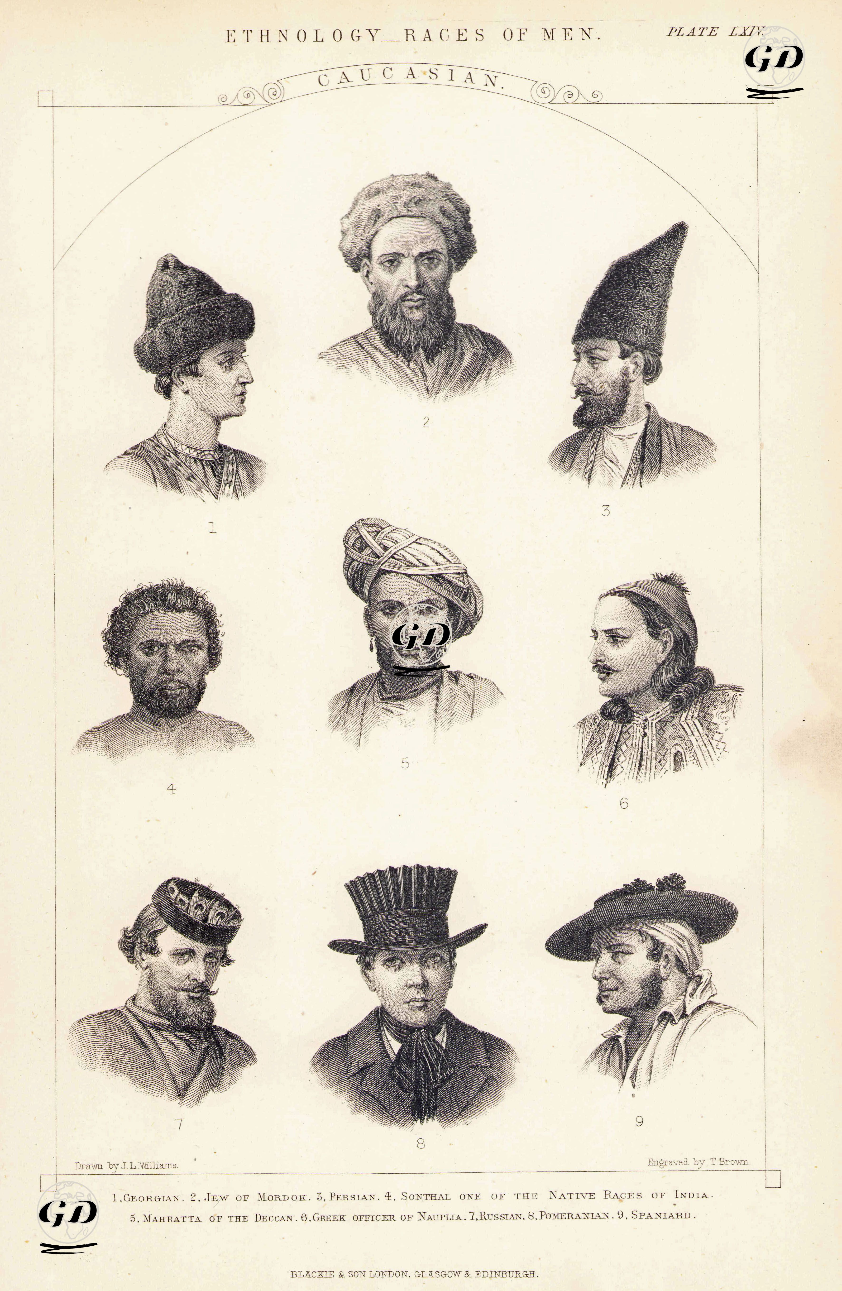 Etnoloji, İnsan Irkları-Kafkasyalılar 1. Gürcü 2.Mordok Yahudisi 3.İranlı 4.Sonthal, Hindistan'ın Yerli Irklarından Biri 5.Deccan'nın Maharashtra (Hindistan) Yerlisi 6.Nafplio'lu Yunan 
Memur 7.Rus 8.Pomeranyalı 9.İspanyol Plate LXIV. - Joseph Lionel Williams (1815-1877) - 1850's