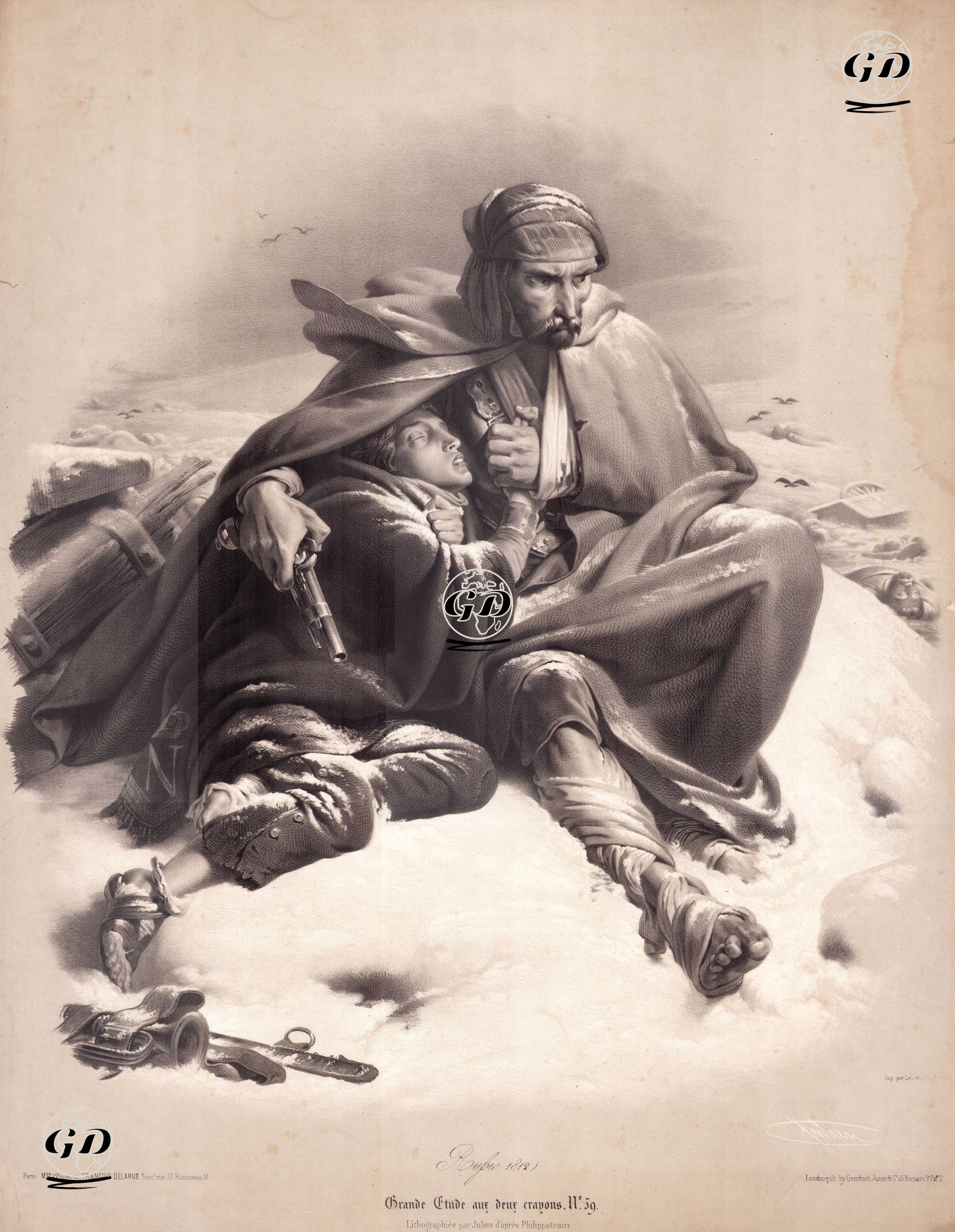 Kurşun Kalem İle Büyük Çalışma, no.59, 1812 Yılında Rus Kırsalında 2 Yaralı Asker - Bernard-Romain Julien (1802–1871) - 1860's