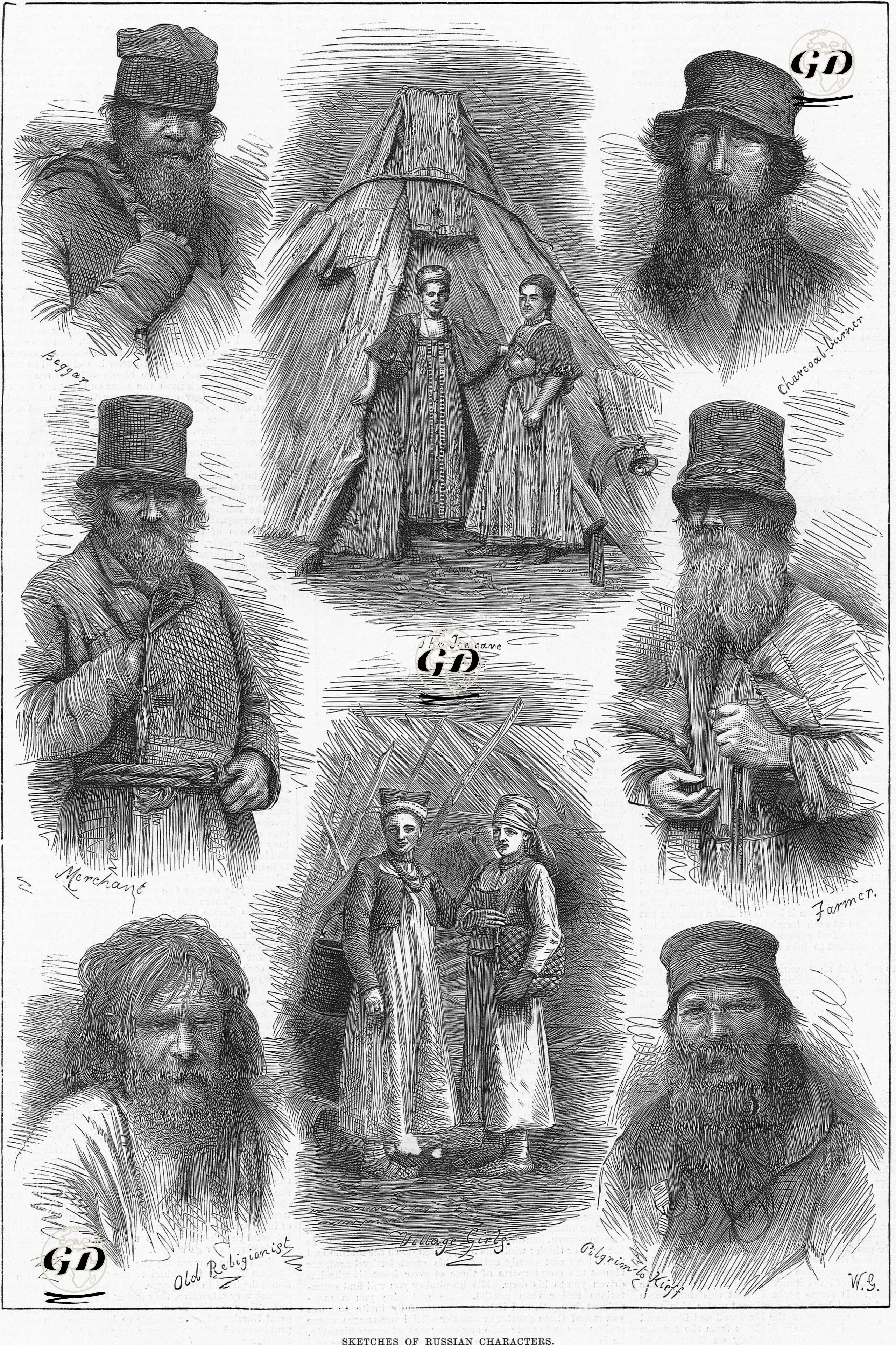 Sketches Of Russian Characters-Beggar, Charcoal Burner, The Ice Cave, Merchant, Farmer, Old Religionist, Village Girls, Pilgrim to Kieff  - Walter Goodman (1838-1912) - 1877