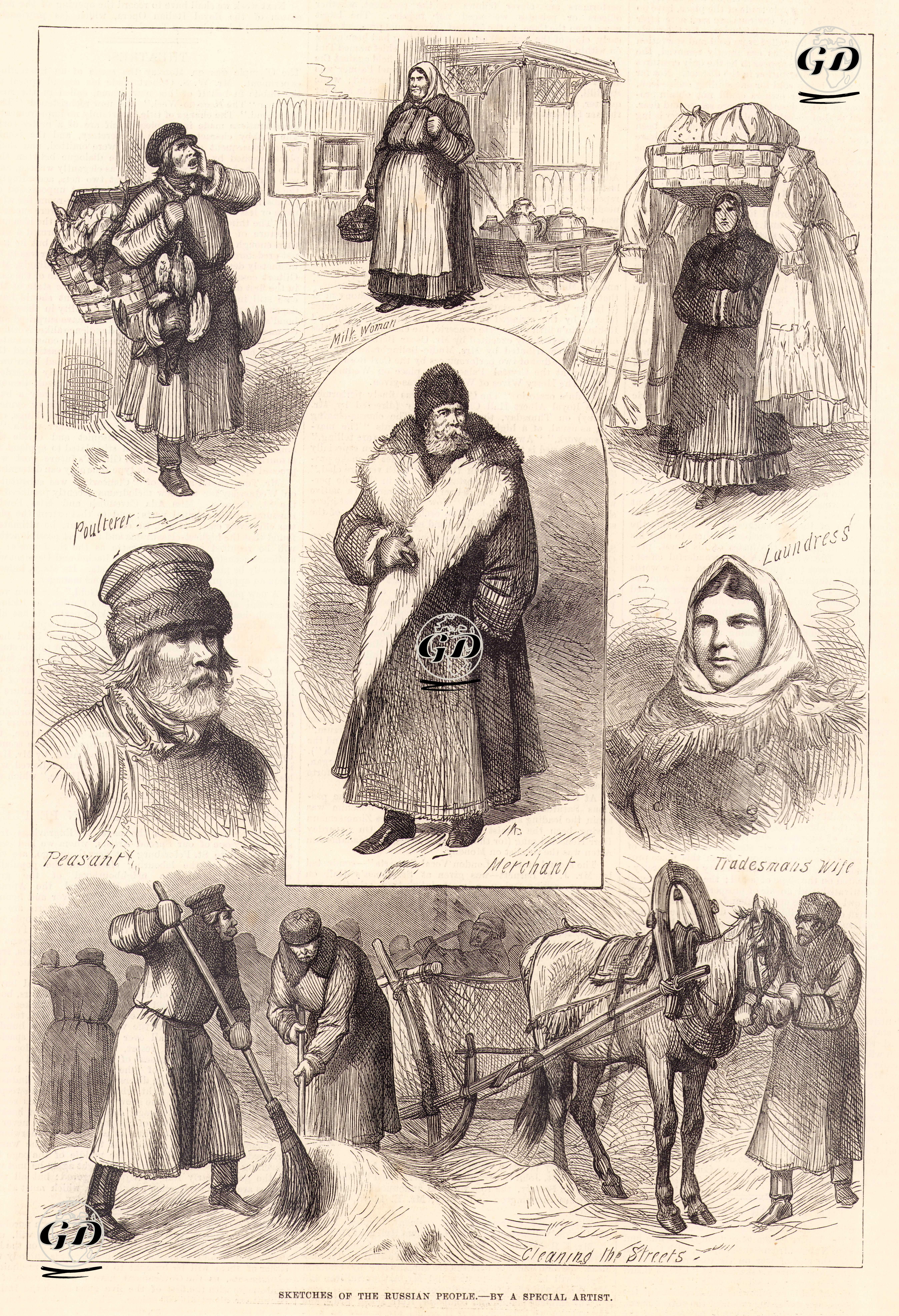 Rus İnsanları-Sütçü Kadın, Tavukçu, Çamaşırcı Kadın, Köylü, Tüccar, Esnaf Karısı, Caddelerin Temizlenmesi -  - 1878