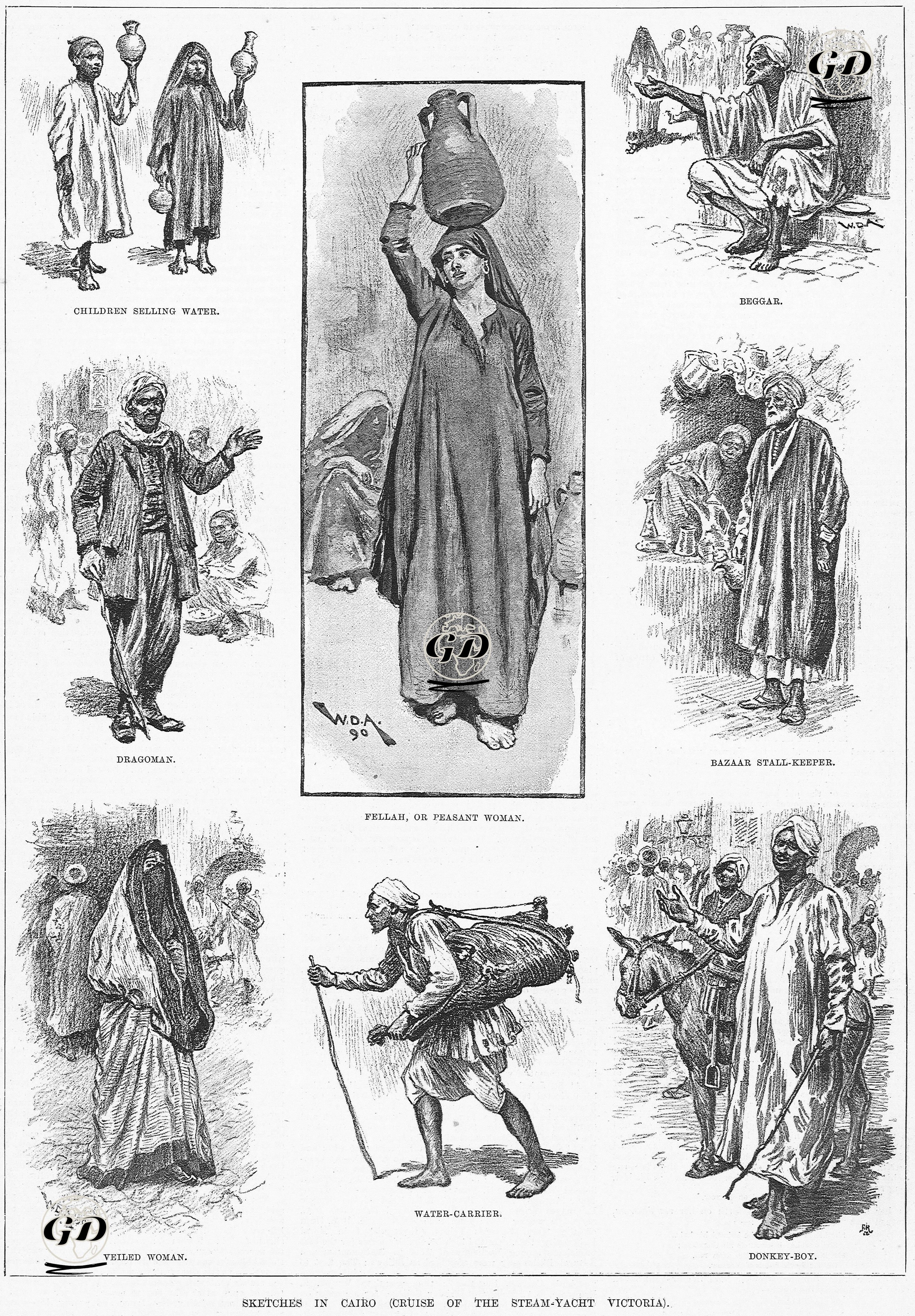 Sketches in Cairo-Children Selling Water-Dragoman-Fellah Or Peasant Woman-Beggar-Bazaar Stall Keeper-Veiled Woman-Water Carrier-Donkey Boy -  - 1890