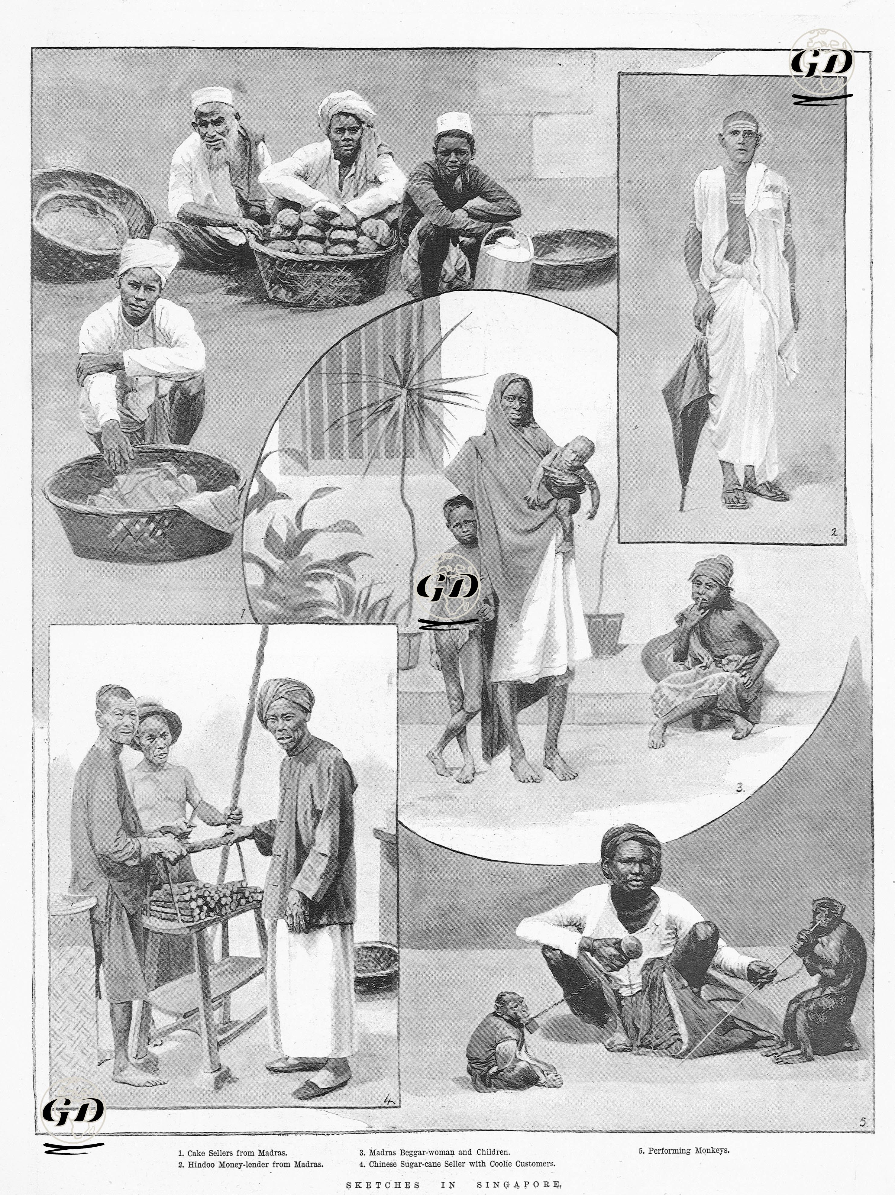 Sketches in Singapore-1.Cake Sellers From Madras 2.Hindoo Money Lender From Madras 3.Madras Beggar Woman And Children 4.Chinese Sugar Cane Seller With Coolie Customers 5.Performing Monkeys -  - 1890