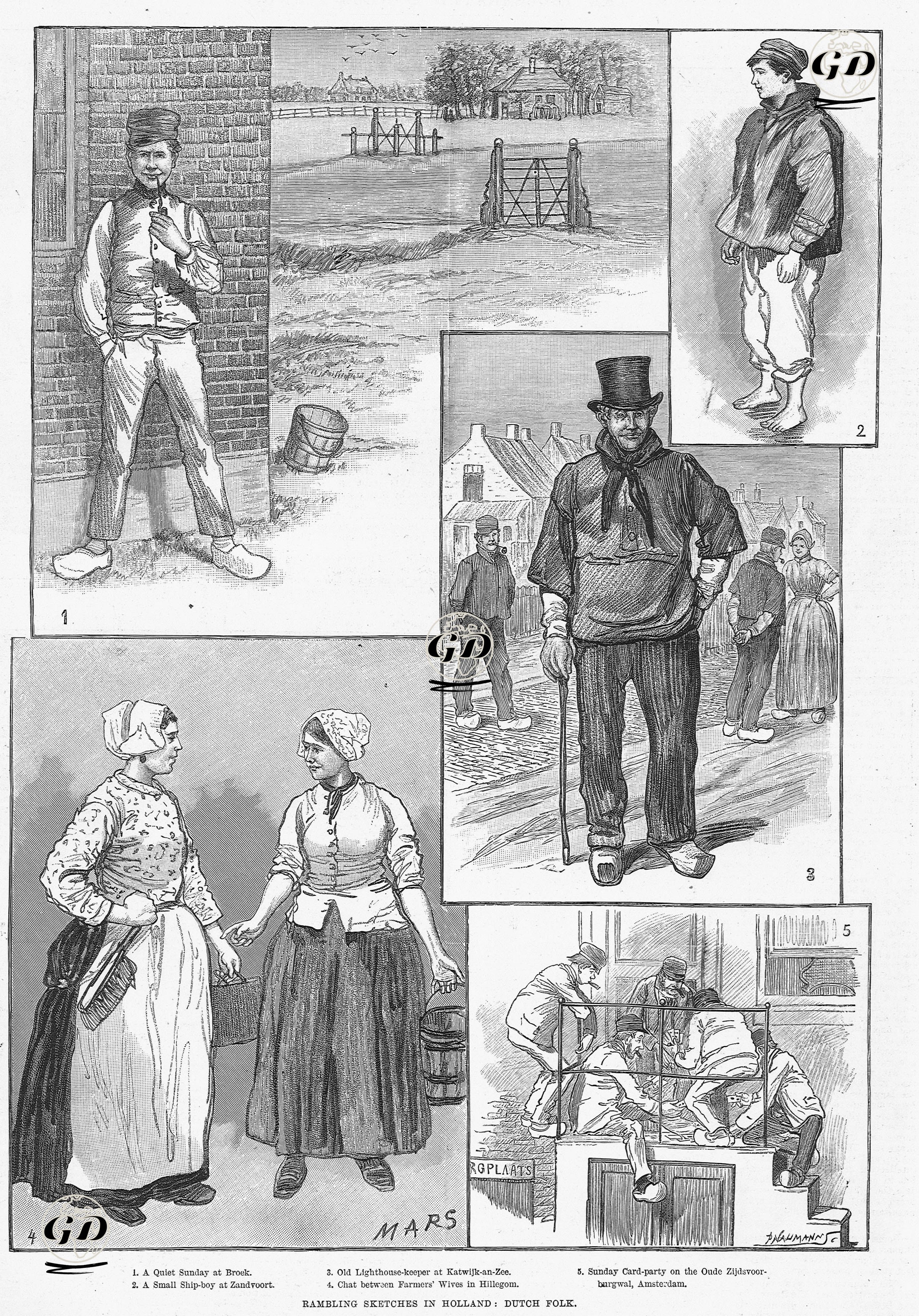 Rambling Sketches in Holland, Dutch Folk- 1.A Quiet Sunday At Broek 2.A Small Ship Boy At Zandvoort 3.Old Lighthouse Keeper At Katwijk An Zee 4.Chat Between Farmers' Wives in Hillegom 5.Sunday Card Party in The Oude Zijdsvoor Burgwal, Amsterdam -  - 1890