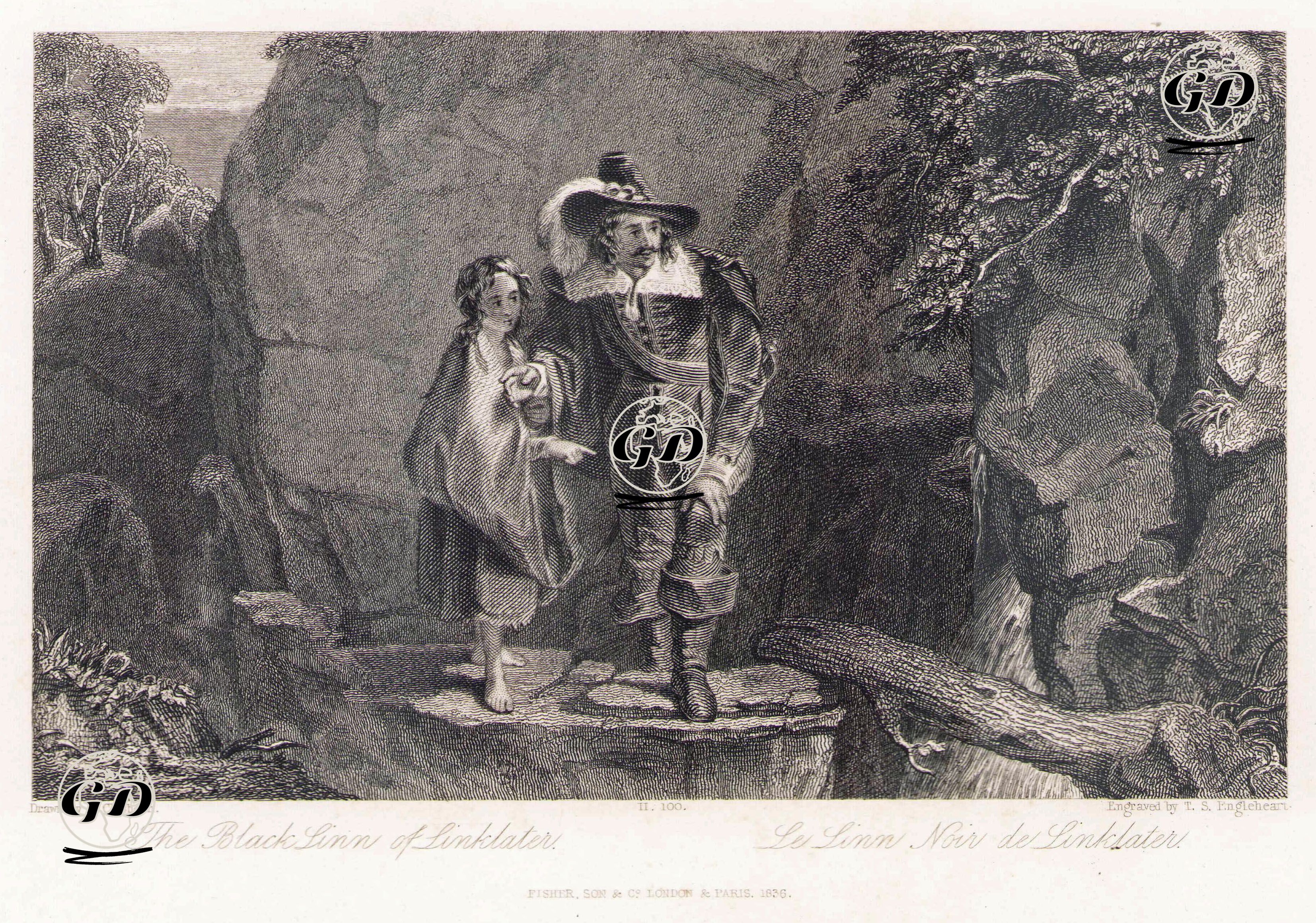 Linklater Şelalesinde Henry Morton'un Genç Kıza Rehberlik Yapması - Alexander Chisholm (1792-1847) - 1836
